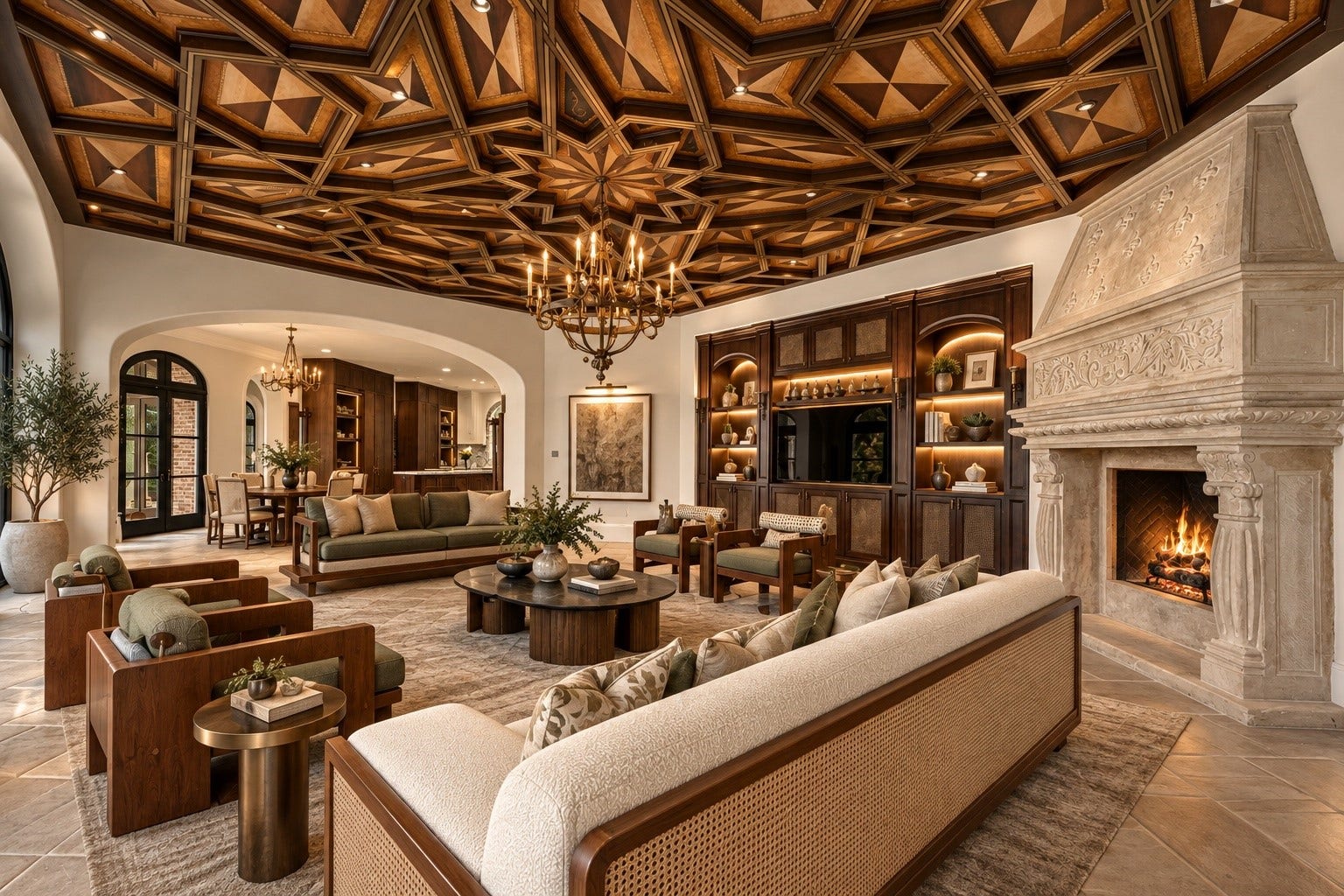 23 Beacon Hill Hill, Sugar Land, TX 77479 An extraordinary family room features intricate custom ceiling woodwork, a magnificent stone fireplace, and richly layered architectural details, creating one of the estate's most distinctive gathering spaces.