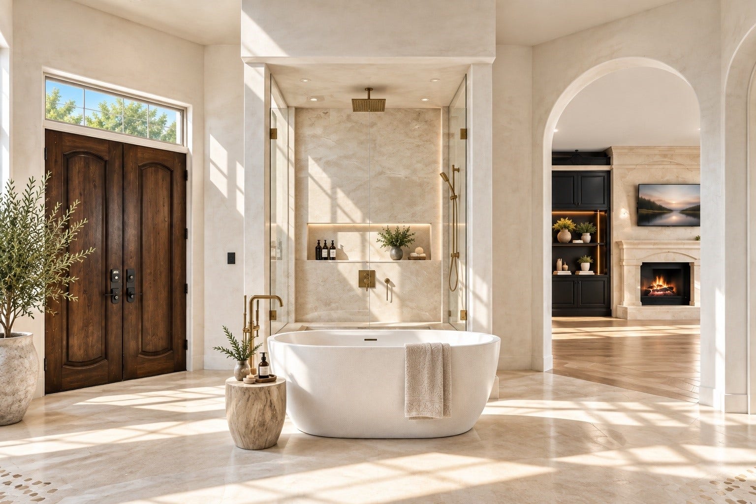 23 Beacon Hill Hill, Sugar Land, TX 77479 A luxurious primary bathing retreat showcases a freestanding soaking tub, elaborate stone finishes, elegant architectural openings, and an atmosphere designed for comfort, privacy, and relaxation.