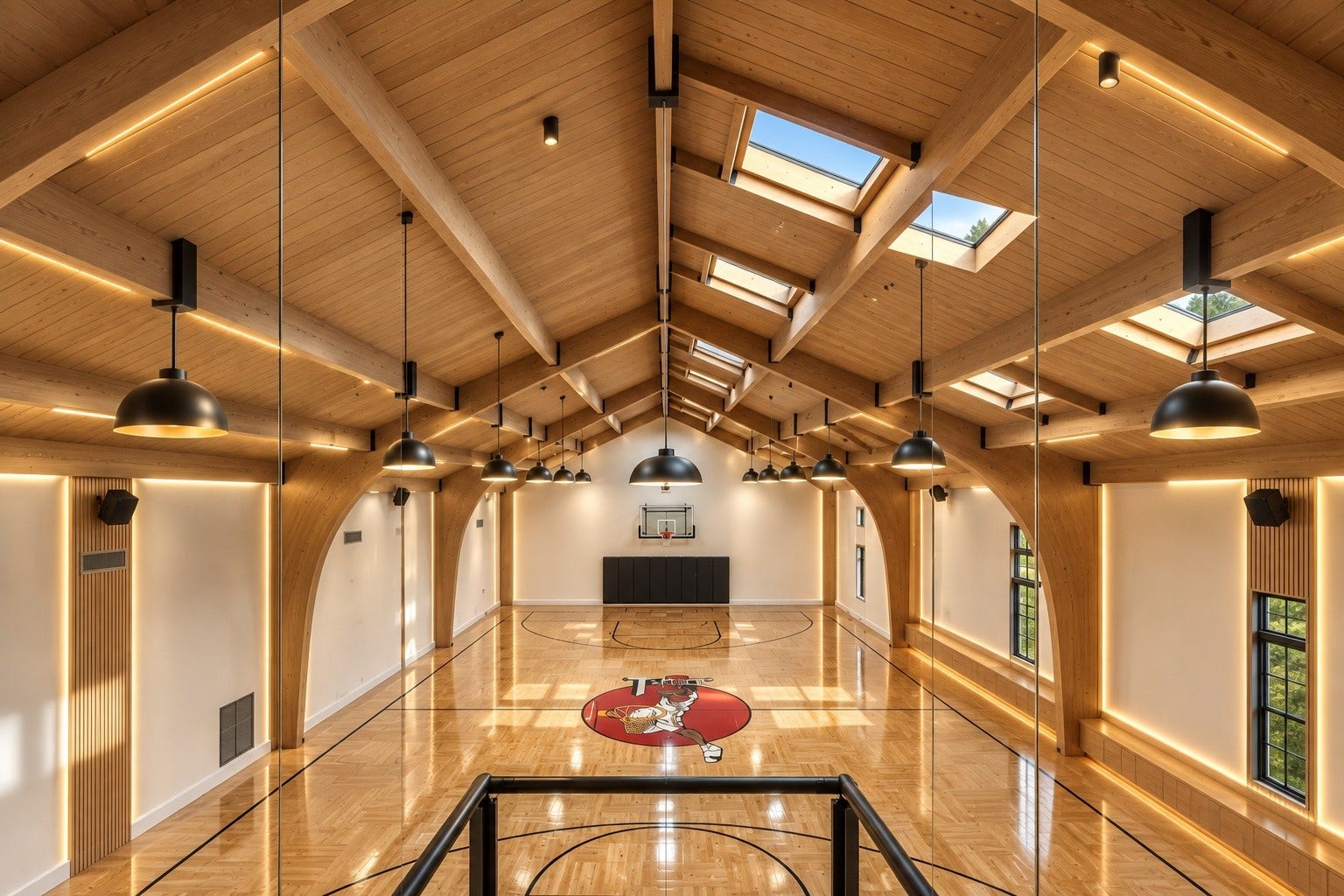 23 Beacon Hill Hill, Sugar Land, TX 77479 An extraordinary indoor basketball facility features soaring wood ceilings, skylights, custom hard wood court, and elevated viewing areas, creating a distinctive private recreational experience.