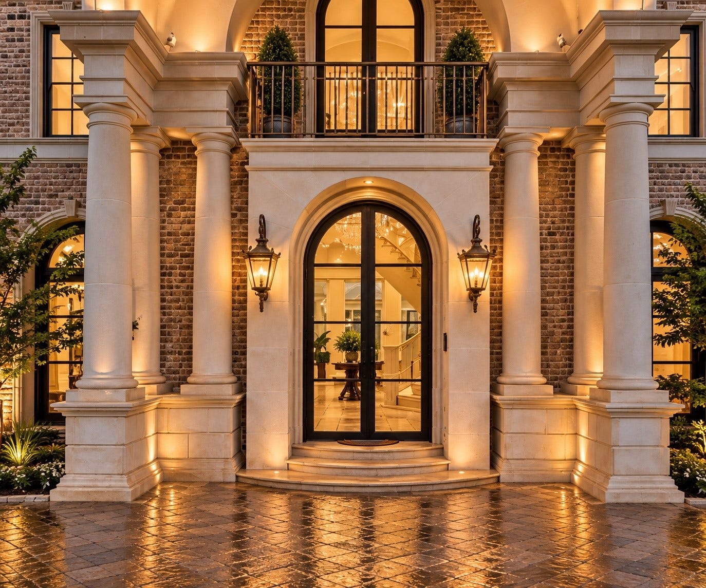 23 Beacon Hill Hill, Sugar Land, TX 77479 A dramatic architectural entrance framed by substantial stone columns, ornamental iron doors, elegant lighting, and refined European-inspired detailing creates an unforgettable first impression.