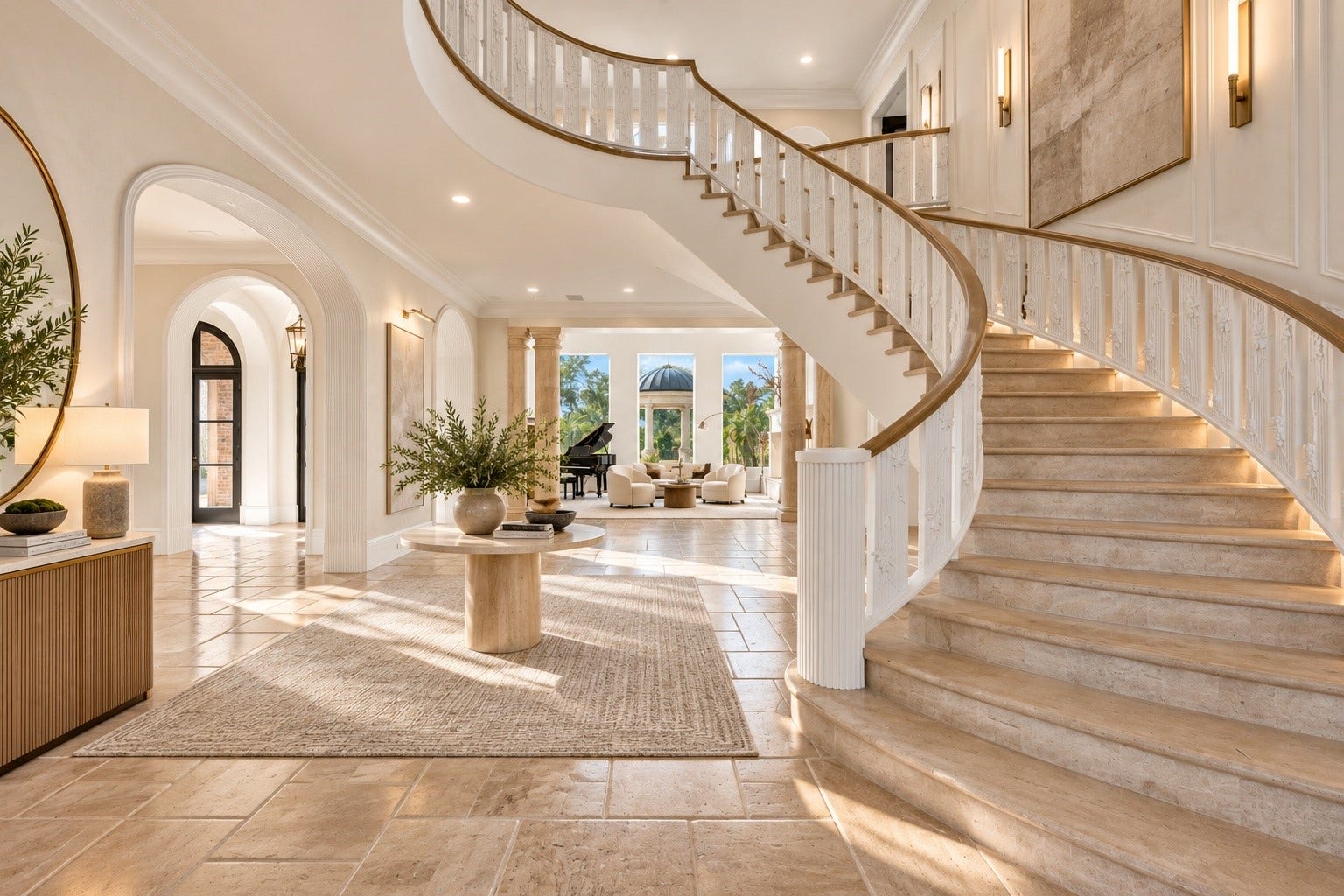 23 Beacon Hill Hill, Sugar Land, TX 77479 A spectacular entry foyer showcases a gracefully curved staircase, elegant architectural detailing, soaring ceilings, and an abundance of natural light, establishing the refined atmosphere carried throughout the residence.