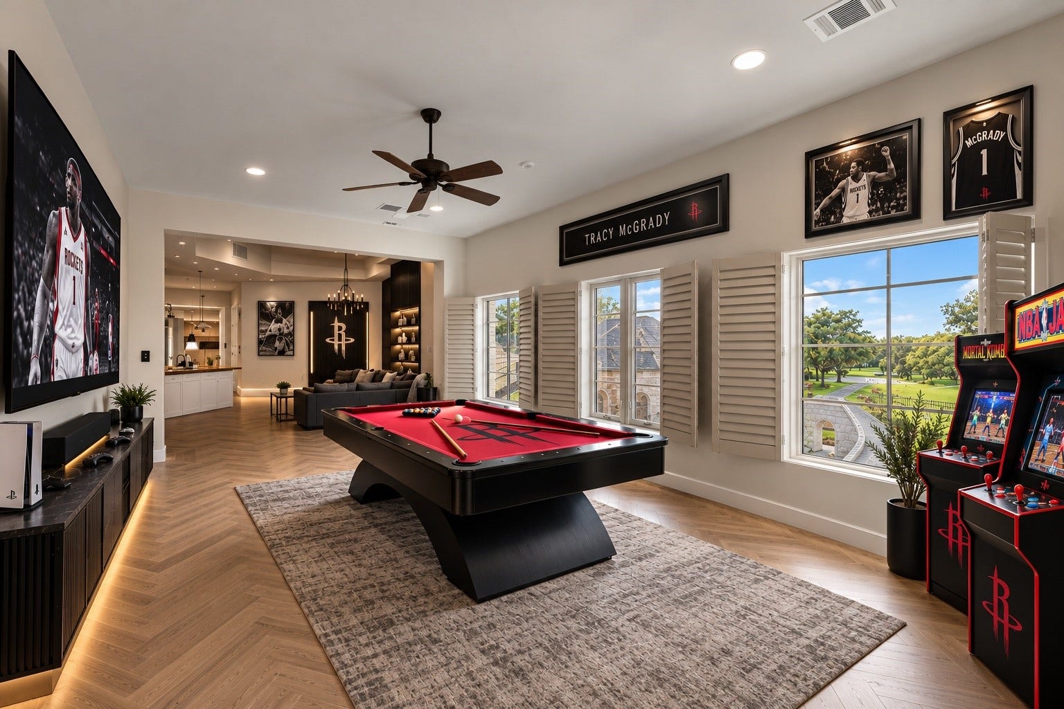 23 Beacon Hill Hill, Sugar Land, TX 77479 An inviting recreation room features a billiards table, arcade-style entertainment, and comfortable gathering areas, creating a relaxed setting for recreation and memorable evenings at home.