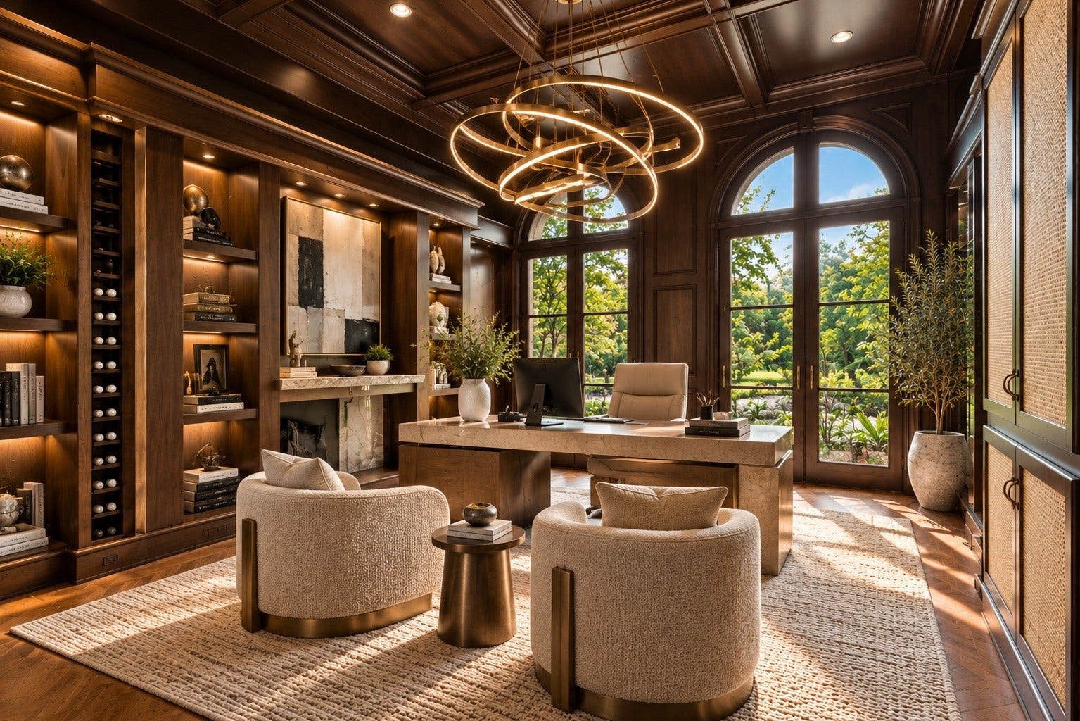 23 Beacon Hill Hill, Sugar Land, TX 77479 A distinguished private office features rich wood finishes, extensive built-in cabinetry, custom shelving, and an intimate seating area, providing a refined environment for business, reading, and quiet productivity.