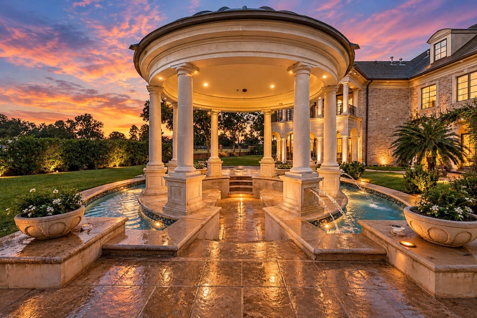 23 Beacon Hill Hill, Sugar Land, TX 77479 A magnificent columned pavilion overlooks the landscaped grounds and poolside environment, providing a distinguished architectural focal point and an elegant destination for enjoying the estate's private outdoor setting.