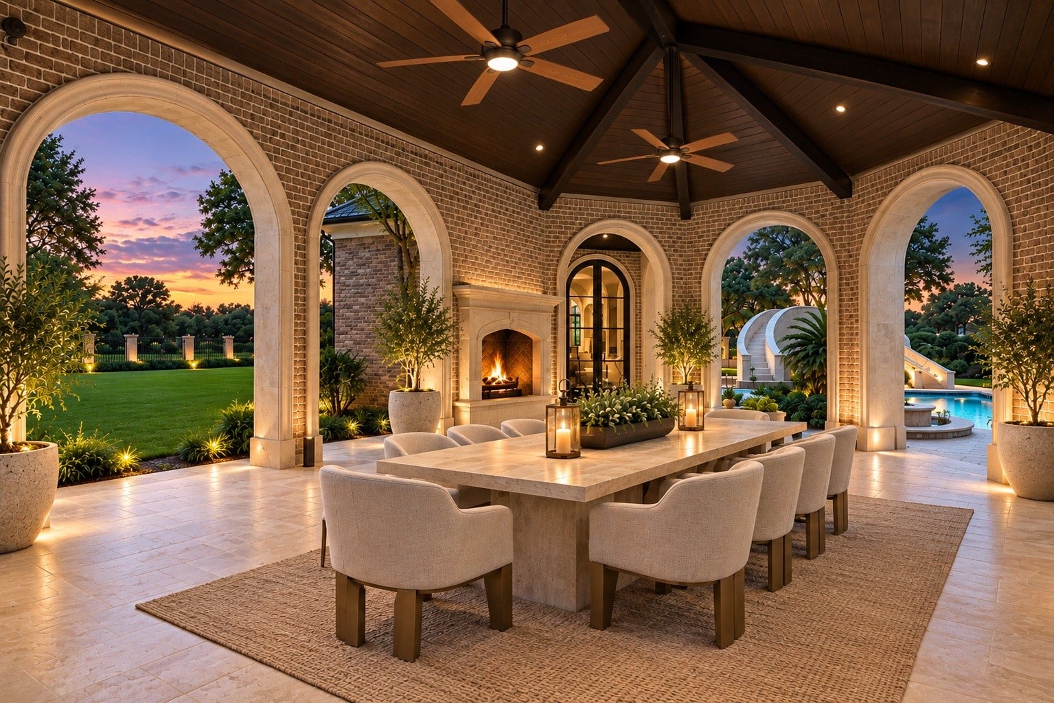 23 Beacon Hill Hill, Sugar Land, TX 77479 Graceful stone arches, warm architectural lighting, and a beautifully appointed outdoor dining area create an exceptional setting for elegant open-air entertaining overlooking the estate grounds.