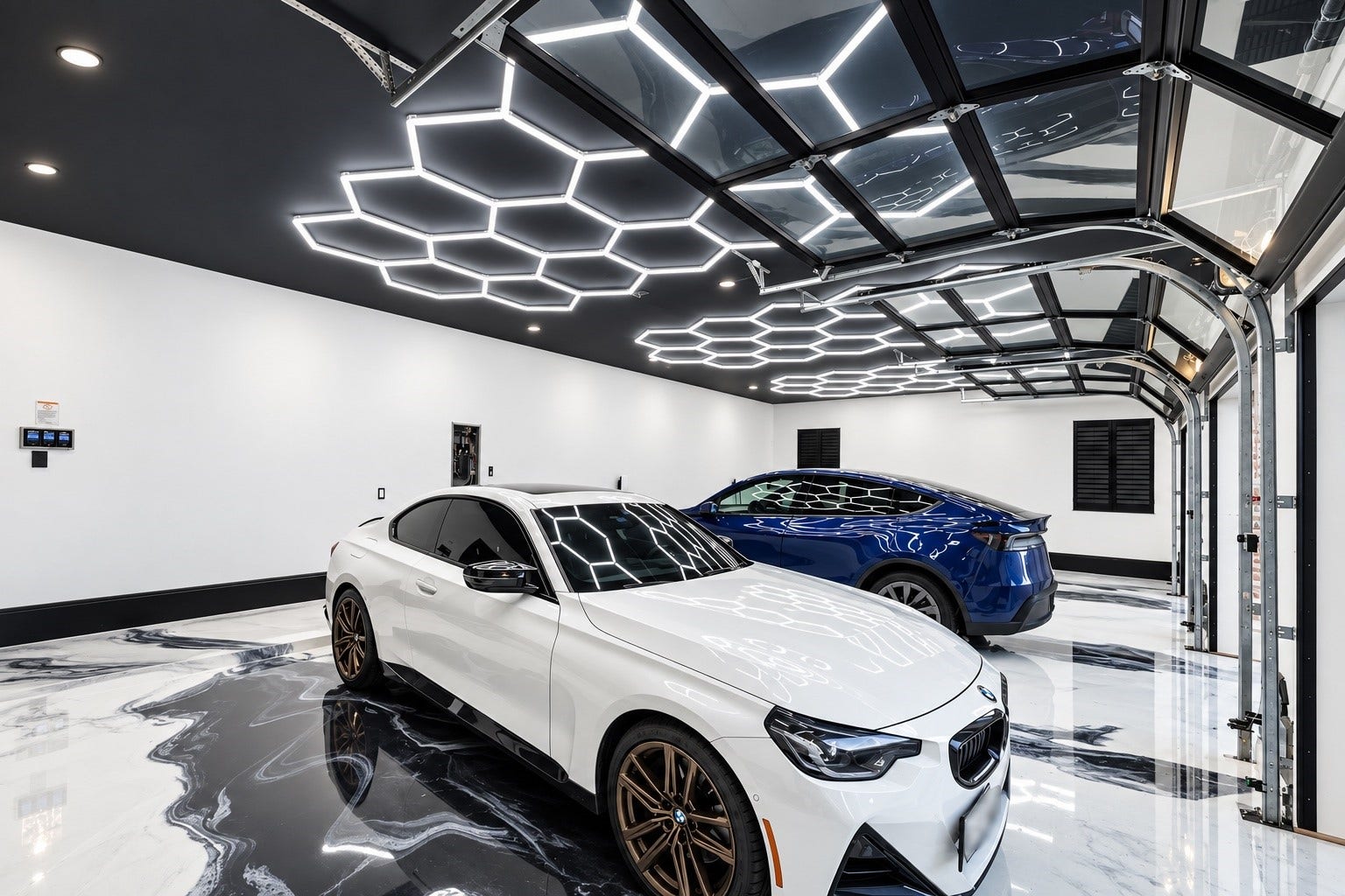 23 Beacon Hill Hill, Sugar Land, TX 77479 An impressive finished garage features dramatic contemporary lighting, generous vehicle accommodation, and a polished presentation suited to luxury automobiles and collector vehicles.