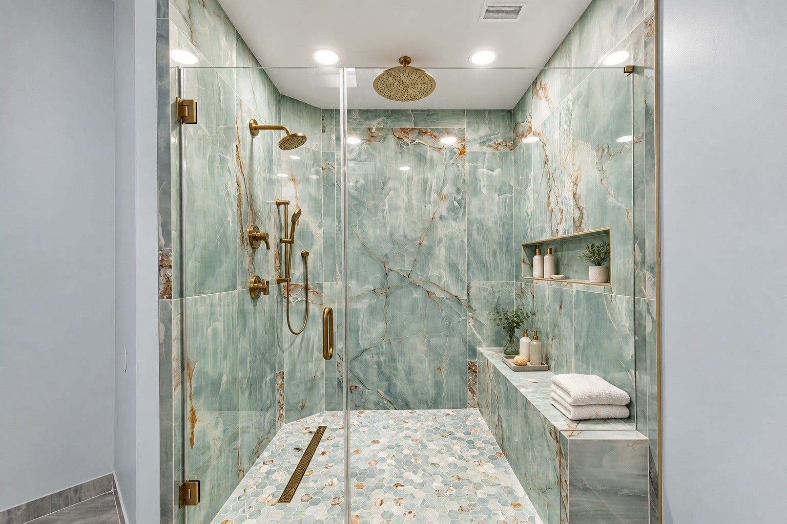 23 Beacon Hill Hill, Sugar Land, TX 77479 An elegant glass-enclosed shower showcases dramatic stone surfaces, beautiful tilework, polished fixtures, and a generously proportioned design.