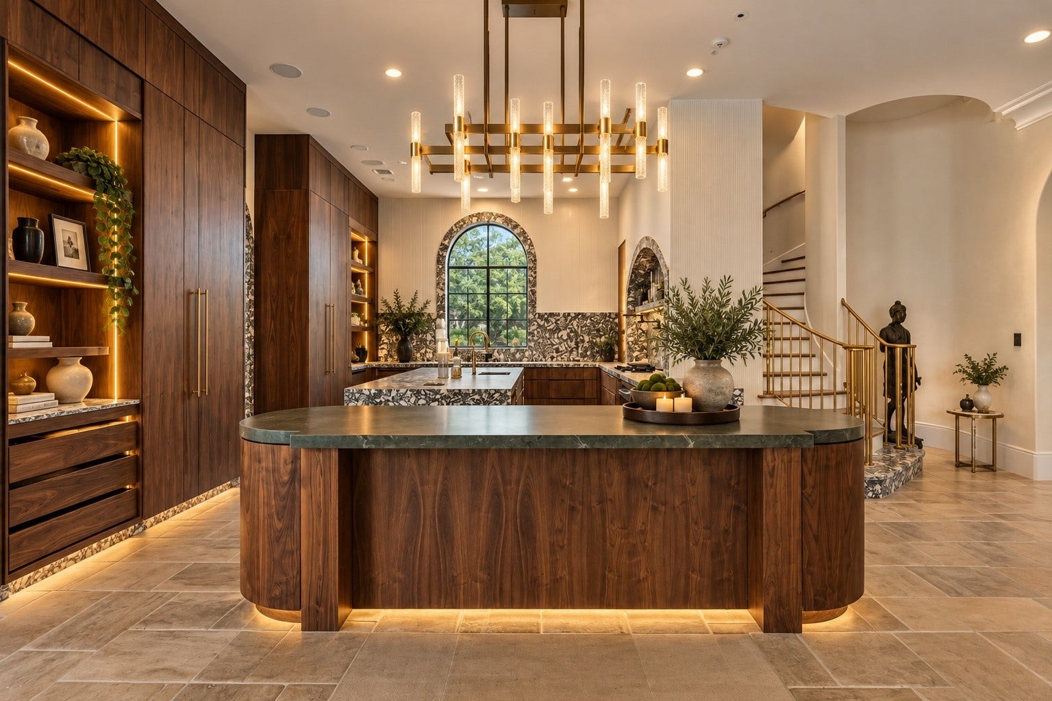 23 Beacon Hill Hill, Sugar Land, TX 77479 Warm cabinetry, generous preparation surfaces, display shelving, and a substantial center island create an inviting culinary and gathering space that complements the estate's formal entertaining areas.