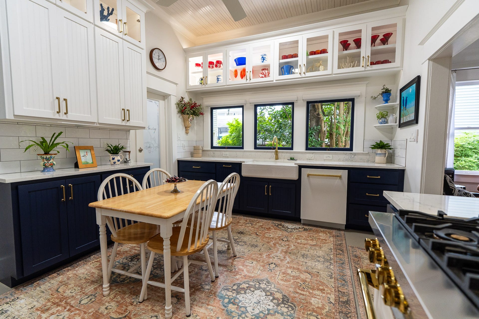 1841 Cortlandt Street, Houston, TX 77008 The style fits the original era like grandma's kitchen, but new and high end. The kitchen floor is #1 yellow pine, painted, and has a custom vinyl carpet adding style and easy care.