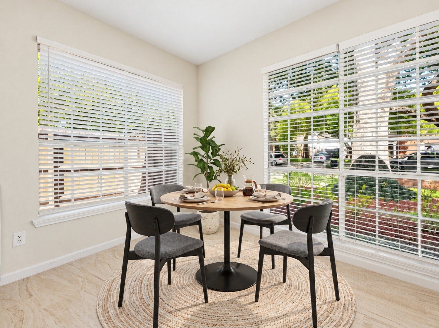 Just off the kitchen, the sun-filled breakfast area overlooks the backyard, creating a wonderful spot to start the morning. Virtually staged.
