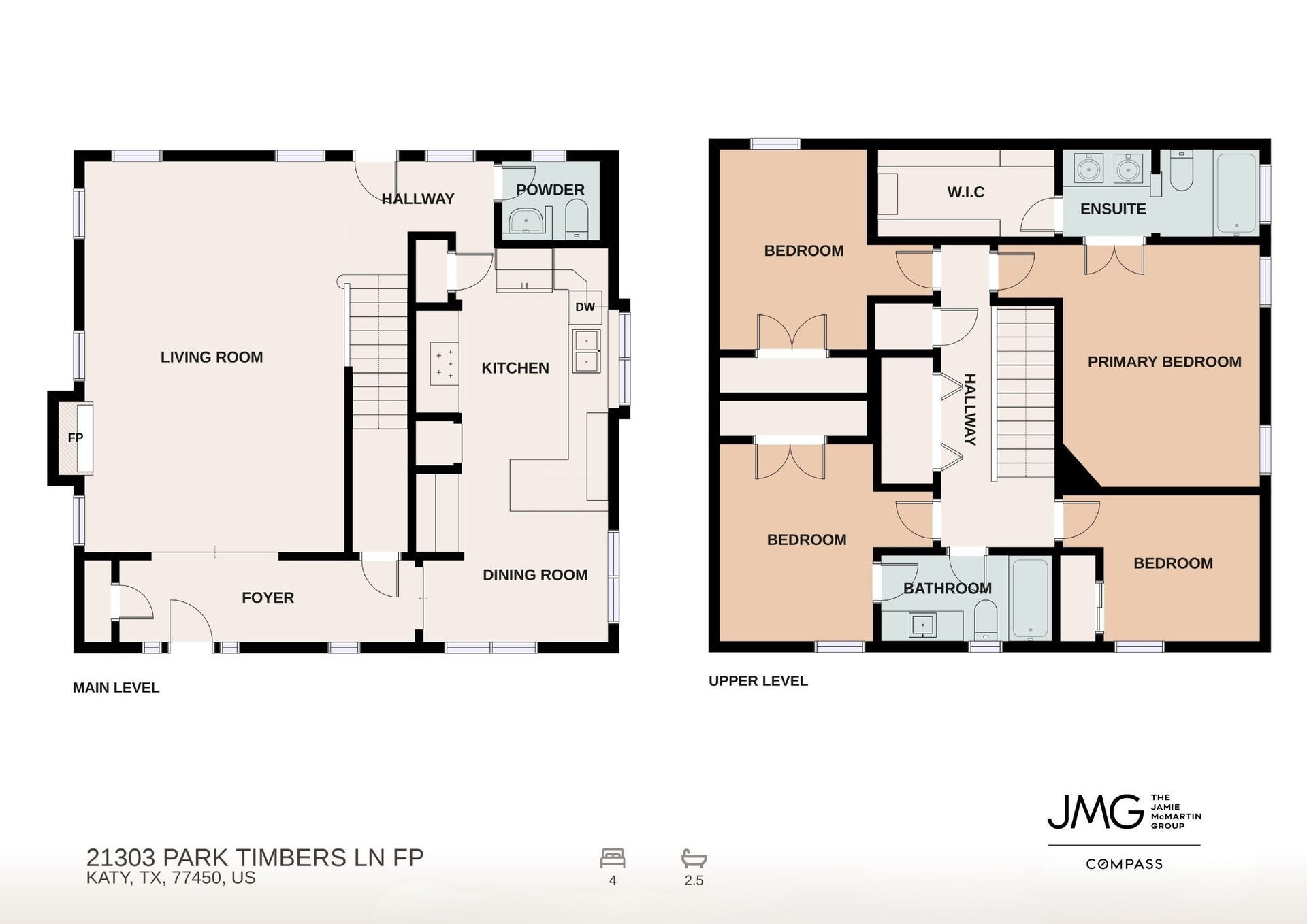 Explore the layout of the main home, featuring generous living spaces downstairs and all four bedrooms upstairs.