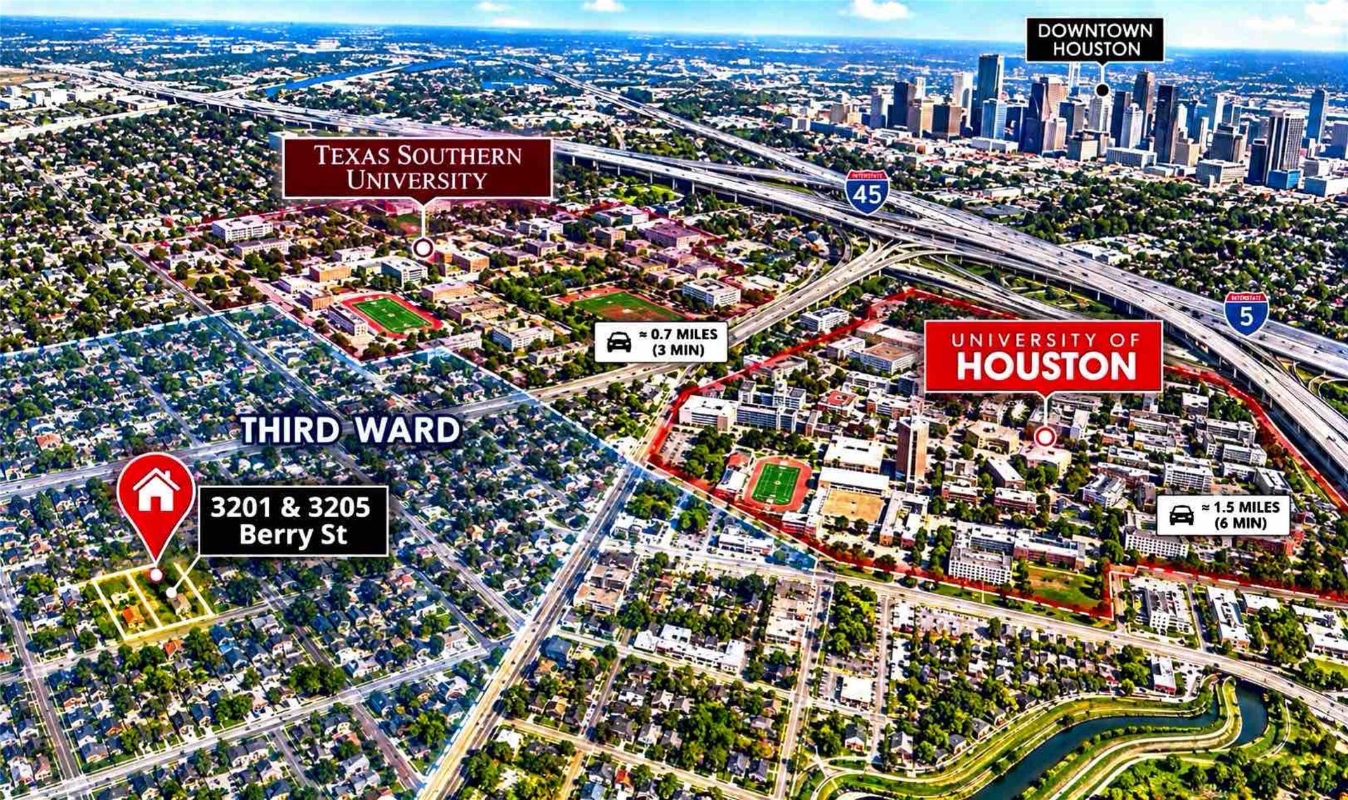 3201 & 3205 Berry Street, #A/B, Houston, TX 77004 Prime Third Ward location near Texas Southern University and University of Houston, just minutes from downtown Houston, offering vibrant urban living.