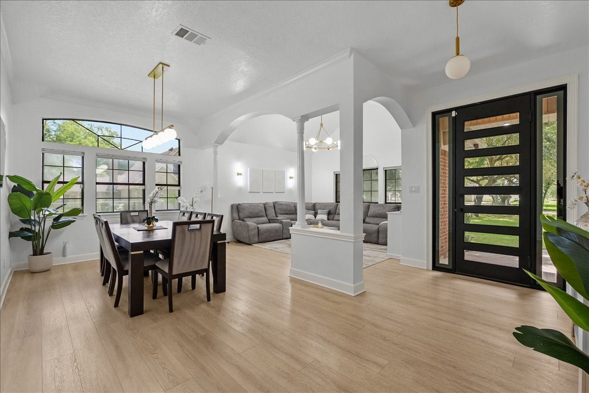 9700 Jay Road, Hitchcock, TX 77563 Welcome home. A stunning custom 9-foot front door creates an unforgettable first impression, welcoming you into a home where quality craftsmanship and thoughtful design are evident from the very first step.