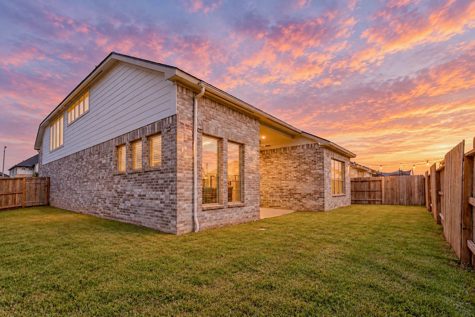3165 Stingray Cove Drive, Katy, TX 77493 As evening settles in, the backyard transforms into an inviting outdoor escape. String lights, a covered patio, and open lawn create a relaxed setting for unwinding or gathering with friends beneath a colorful Texas sky.