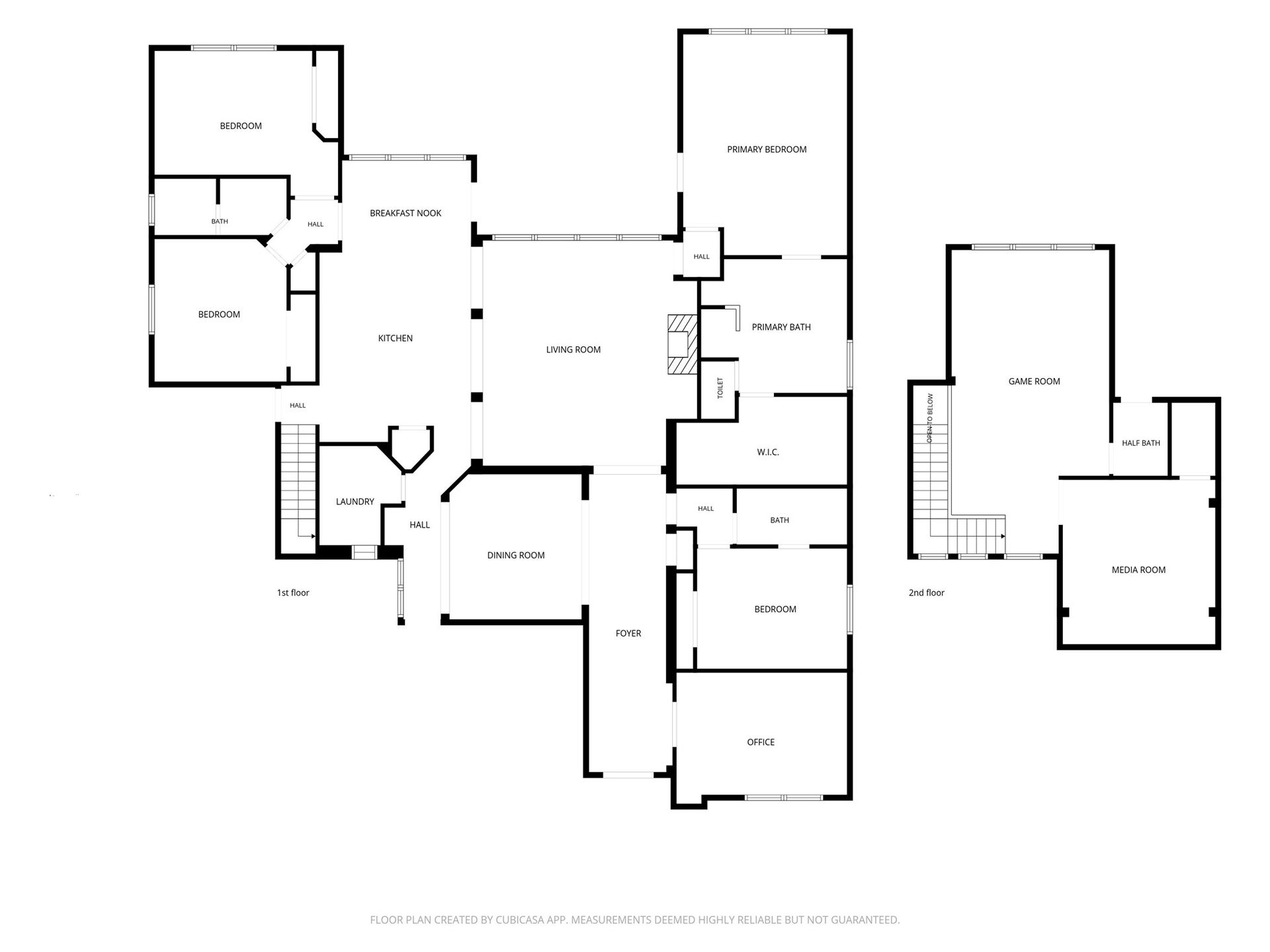 2407 Hendricks Lakes Drive, Spring, TX 77388 This floor plan brings the layout into focus, with the study and formal dining near the front, the kitchen, breakfast nook, and living room connected at the center, and all 4 bedrooms downstairs. Upstairs adds a game room, media room, and half bath, while the main living spaces stay connected to the poolside, water-front backyard.