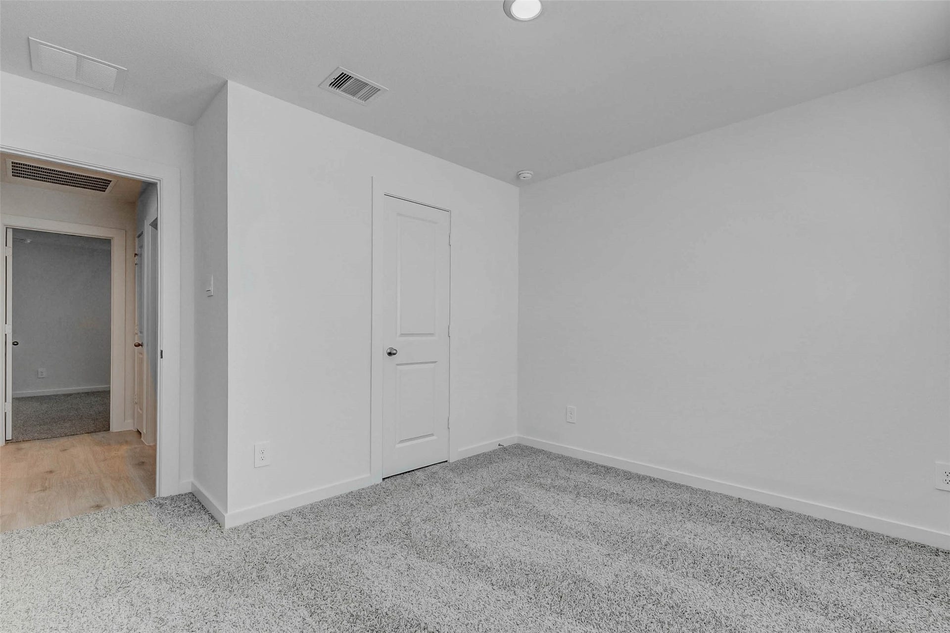 30307 Lighthouse Bluff Lane, Fulshear, TX 77441 Clean room with light gray carpet and white walls. Single door leading to closet, and a doorway that connects to a hallway with hardwood flooring. The room is well-lit with a ceiling light.