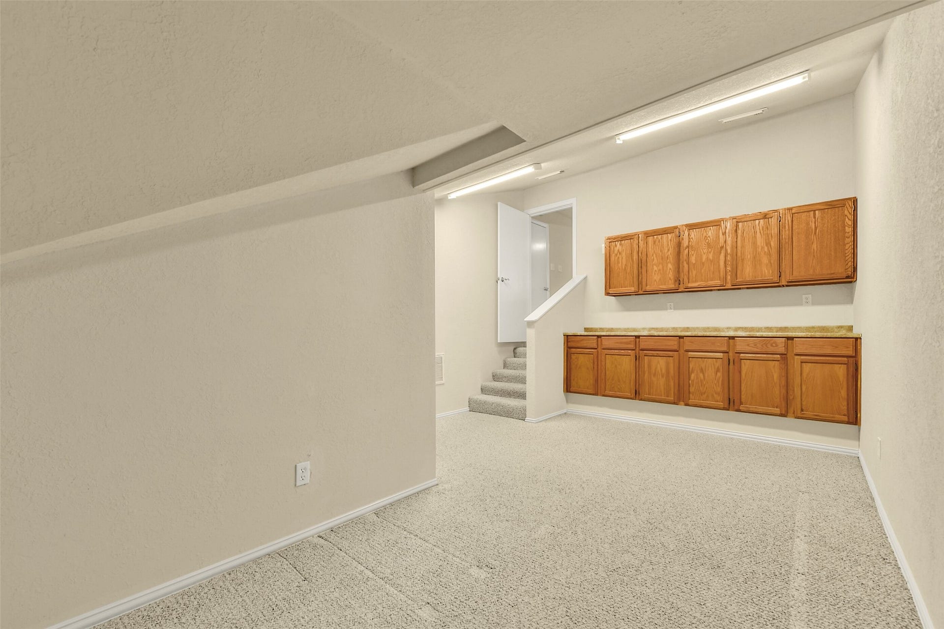 9902 Autumn Lake Trail, Pearland, TX 77584 Spacious storage room with ample cabinetry and recessed lighting, offering versatile storage solutions, accessible via a short staircase.