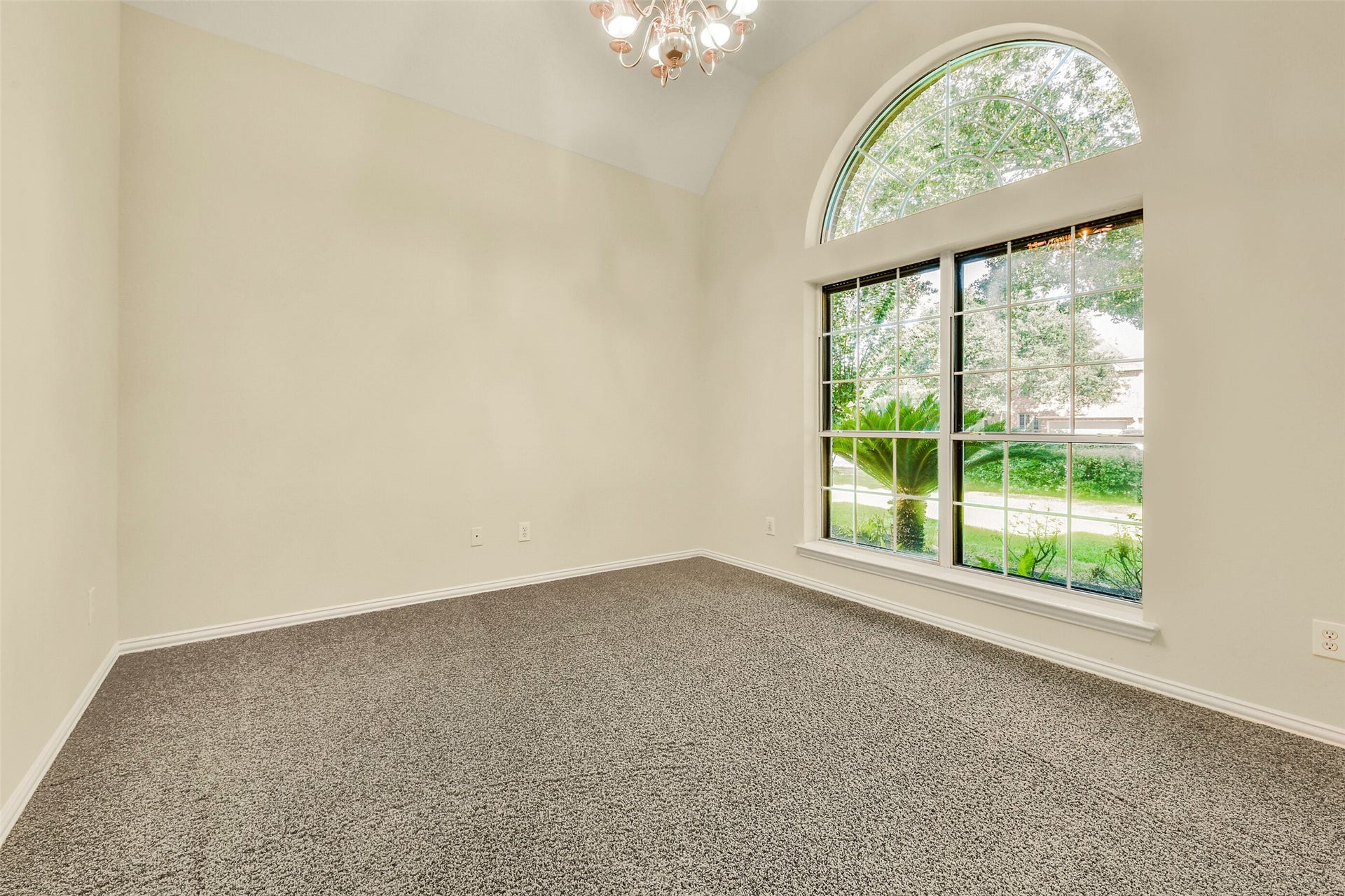9902 Autumn Lake Trail, Pearland, TX 77584 Bright and inviting study with a vaulted ceiling, plush carpet, and a large arched window offering serene garden views.