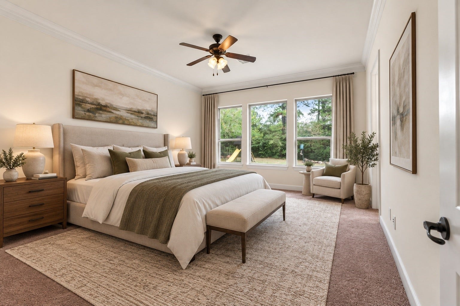 This spacious primary bedroom is filled with abundant natural light and offers serene backyard views, creating the perfect private retreat to relax and unwind! (Room is virtually staged)**
