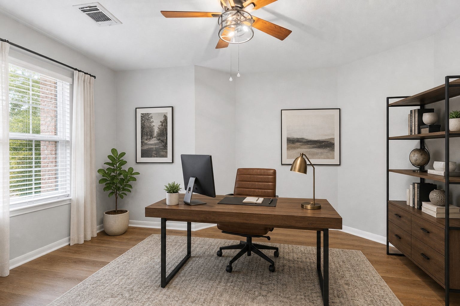 7207 Palmito Ranch Drive, Richmond, TX 77406 The private home office or study features upgraded carefree luxury vinyl plank flooring, soaring ceilings, and a ceiling fan, creating a comfortable and inviting workspace. Virtually Staged