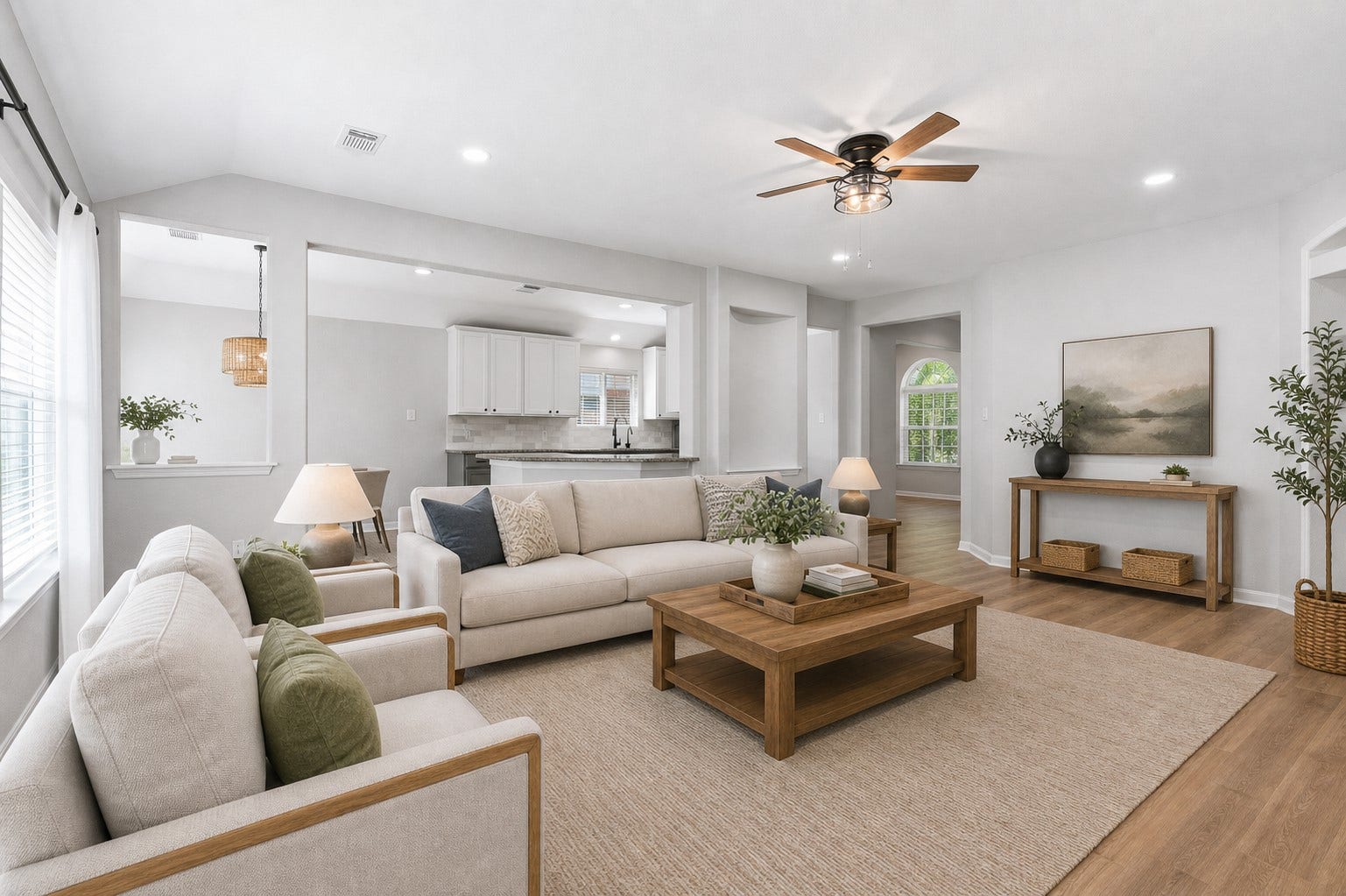 7207 Palmito Ranch Drive, Richmond, TX 77406 What a breathtaking view! The wall of windows fills the home with natural light while showcasing the peaceful backyard, creating the perfect place to relax and unwind. Virtually Staged