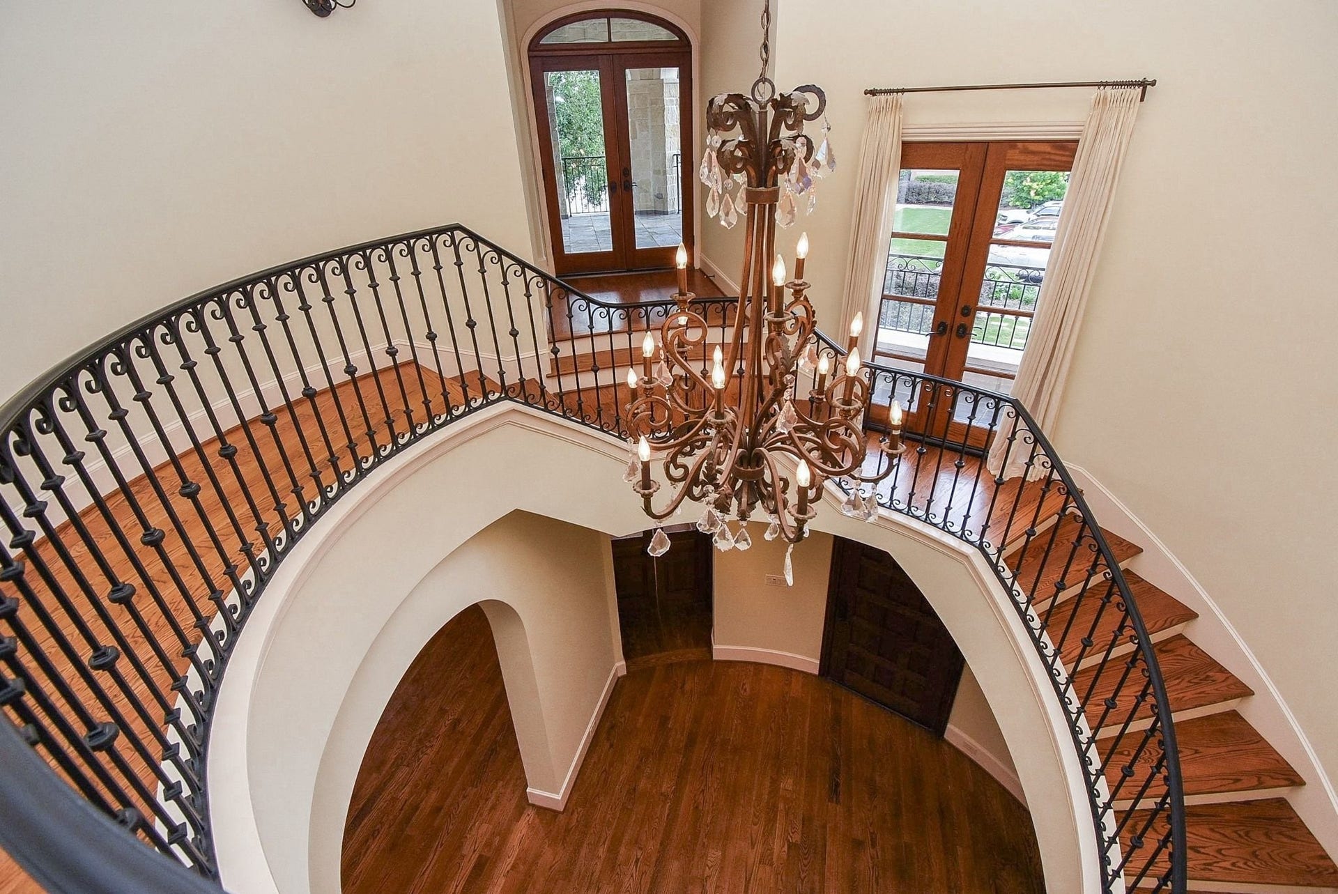 Let's head upstairs.  Doors on the left are the rotunda patio we saw from the front earlier.  Doors on the right are to a small covered patio