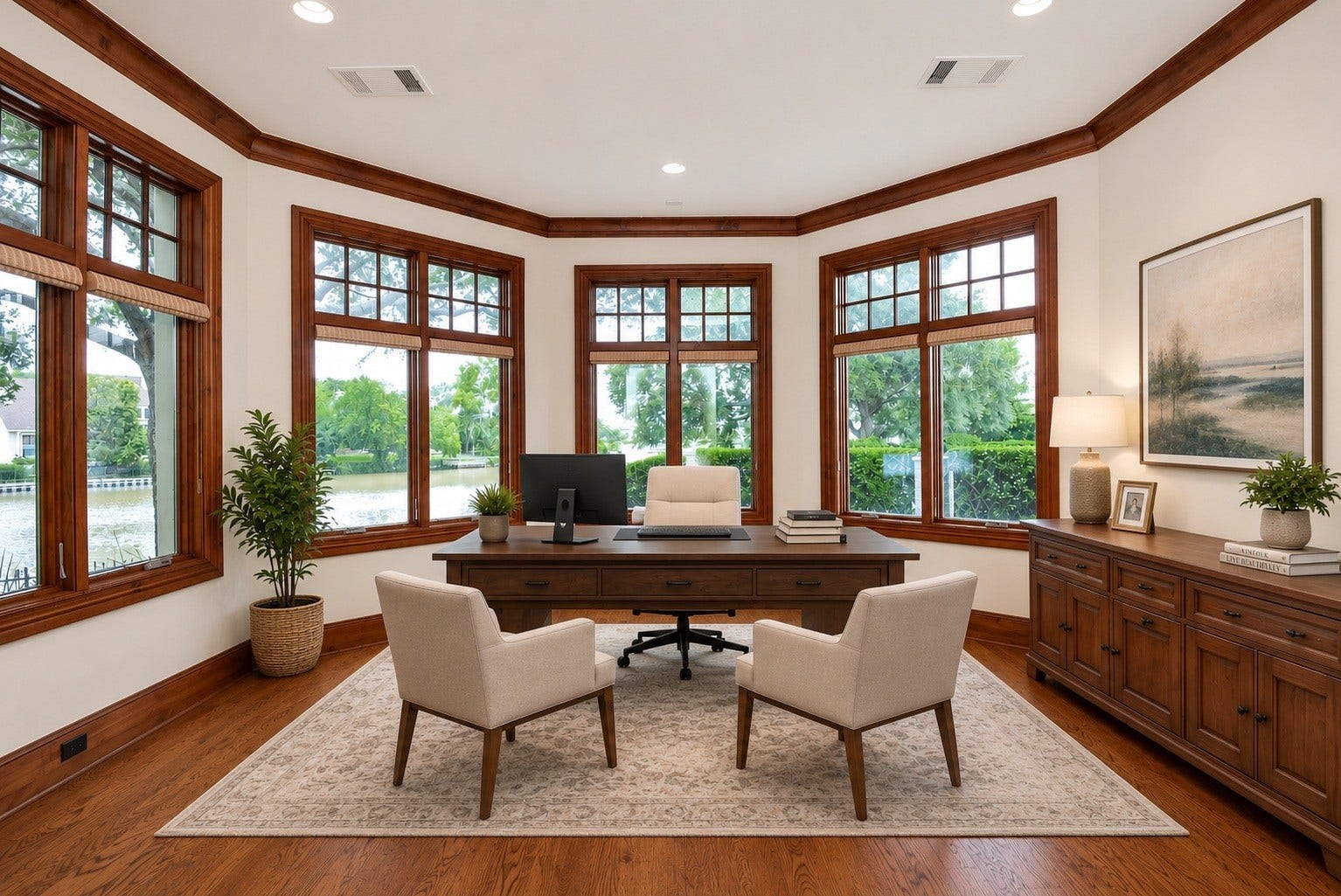 Office/Study on 1st floor has a panoramic view of the water.  Virtually staged to show possibilities