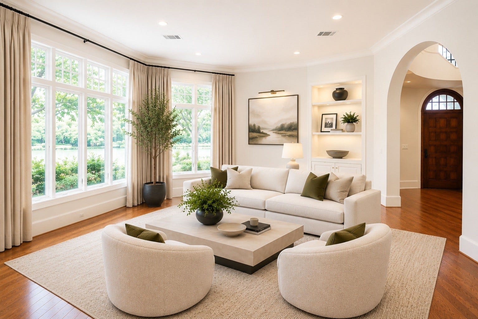 Living room with wall of windows overlooking the water has been virtually staged