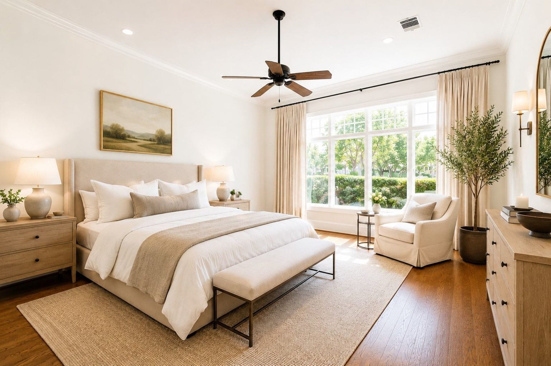 Virtually staged primary bedroom is in the rear of the home for extra privacy. Sitting area is the perfect spot to read your favorite book.  Primary bedroom has the waterfront views also.  Great natural light or close the custom draperies at night for darkening the room