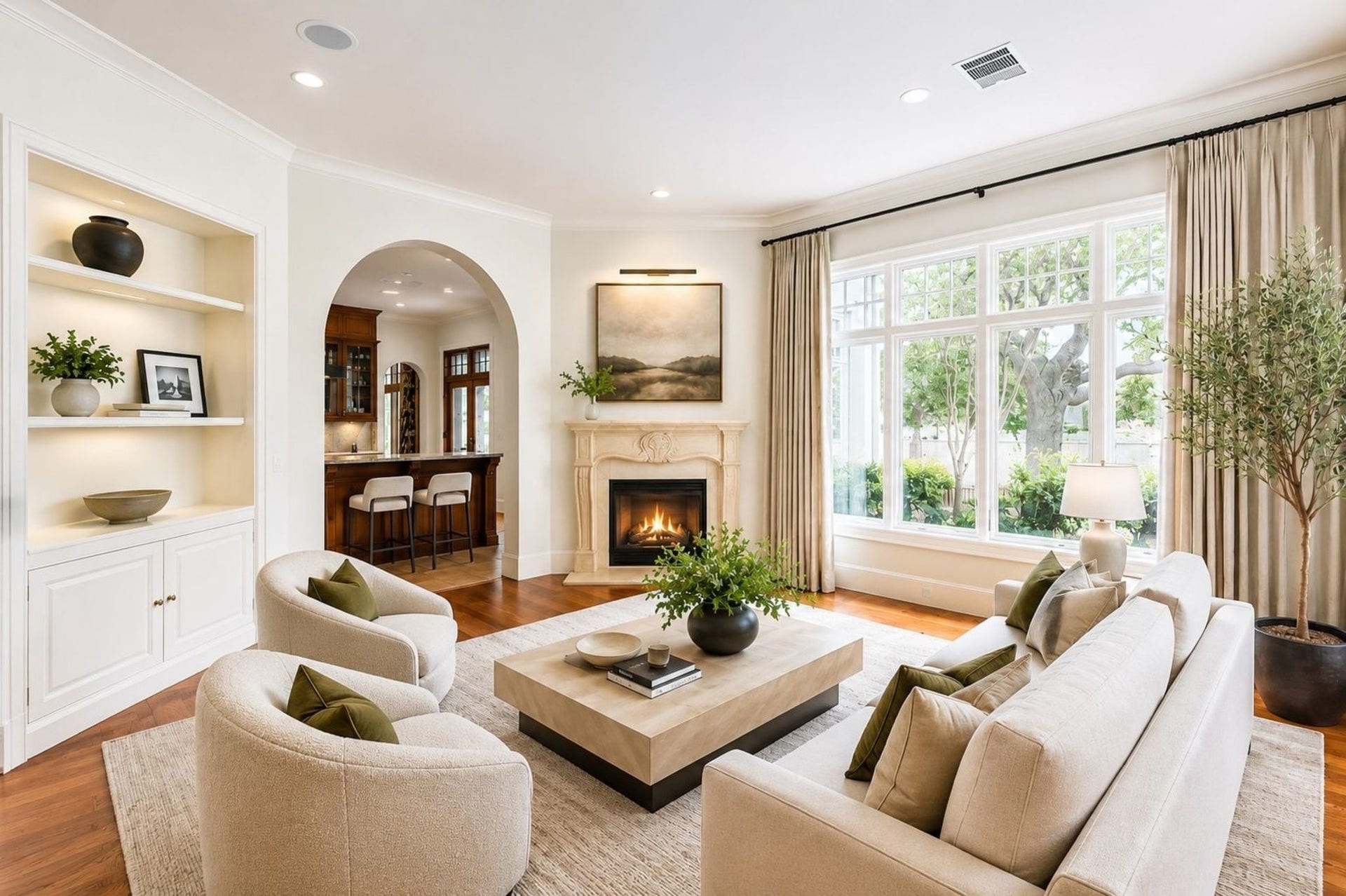 Virtually staged living room with a wall of windows overlooking the waterfront lot