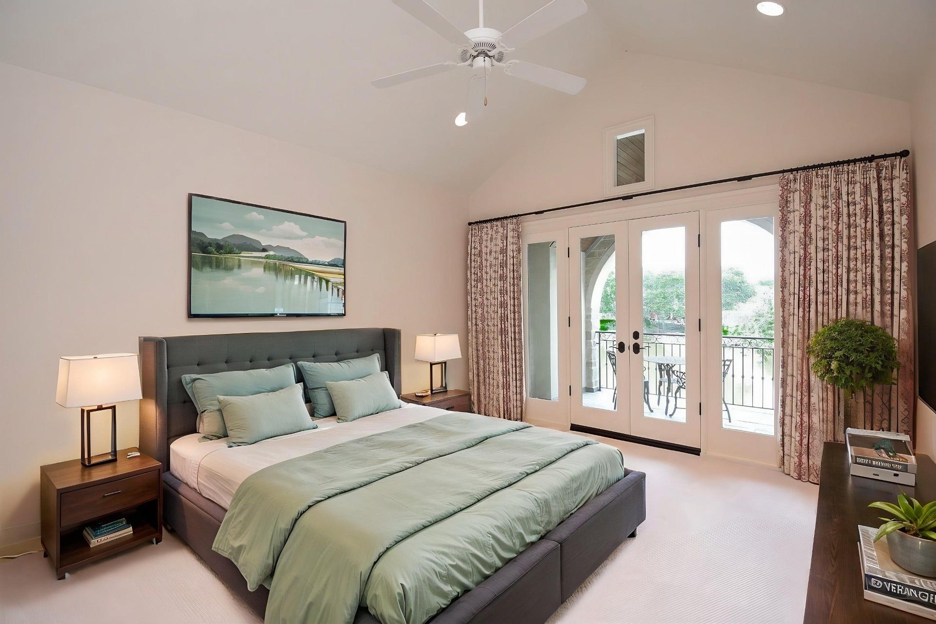 Bedroom 2 virtually staged with private patio overlooking the water