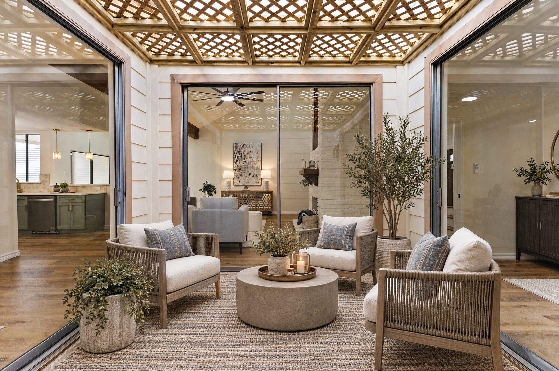 Your atrium features a decorative wooden lattice pergola, concrete patio, and surrounding sliding glass doors that connect the indoor living spaces while allowing natural light to flow throughout. This space has been virtually staged using AI.