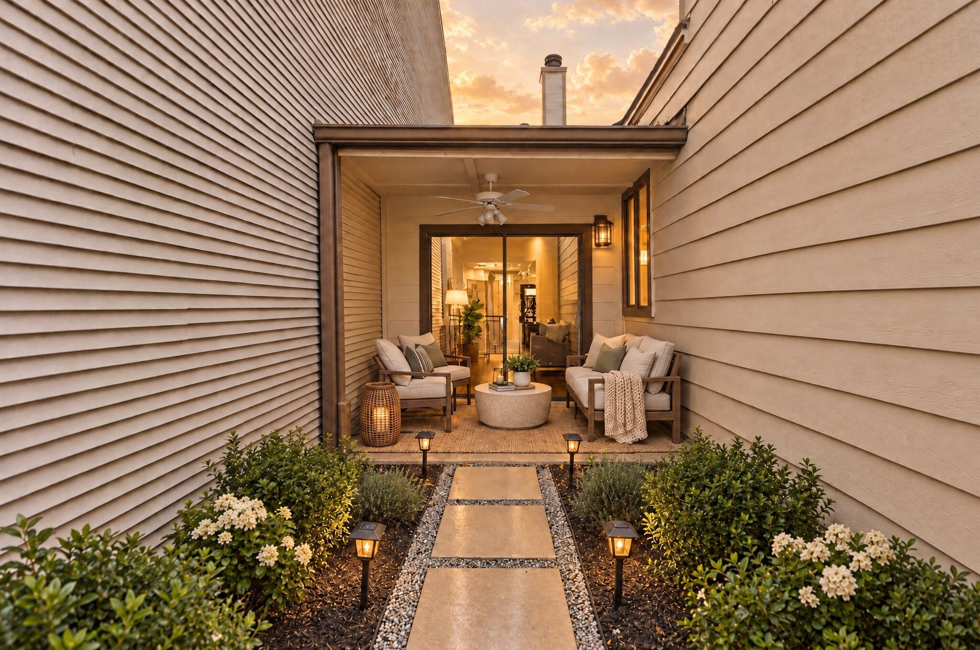 Your charming private courtyard features a stepping-stone pathway, decorative gravel, landscaped beds, and a covered patio with a ceiling fan and sliding glass doors. This space has been virtually staged using AI.