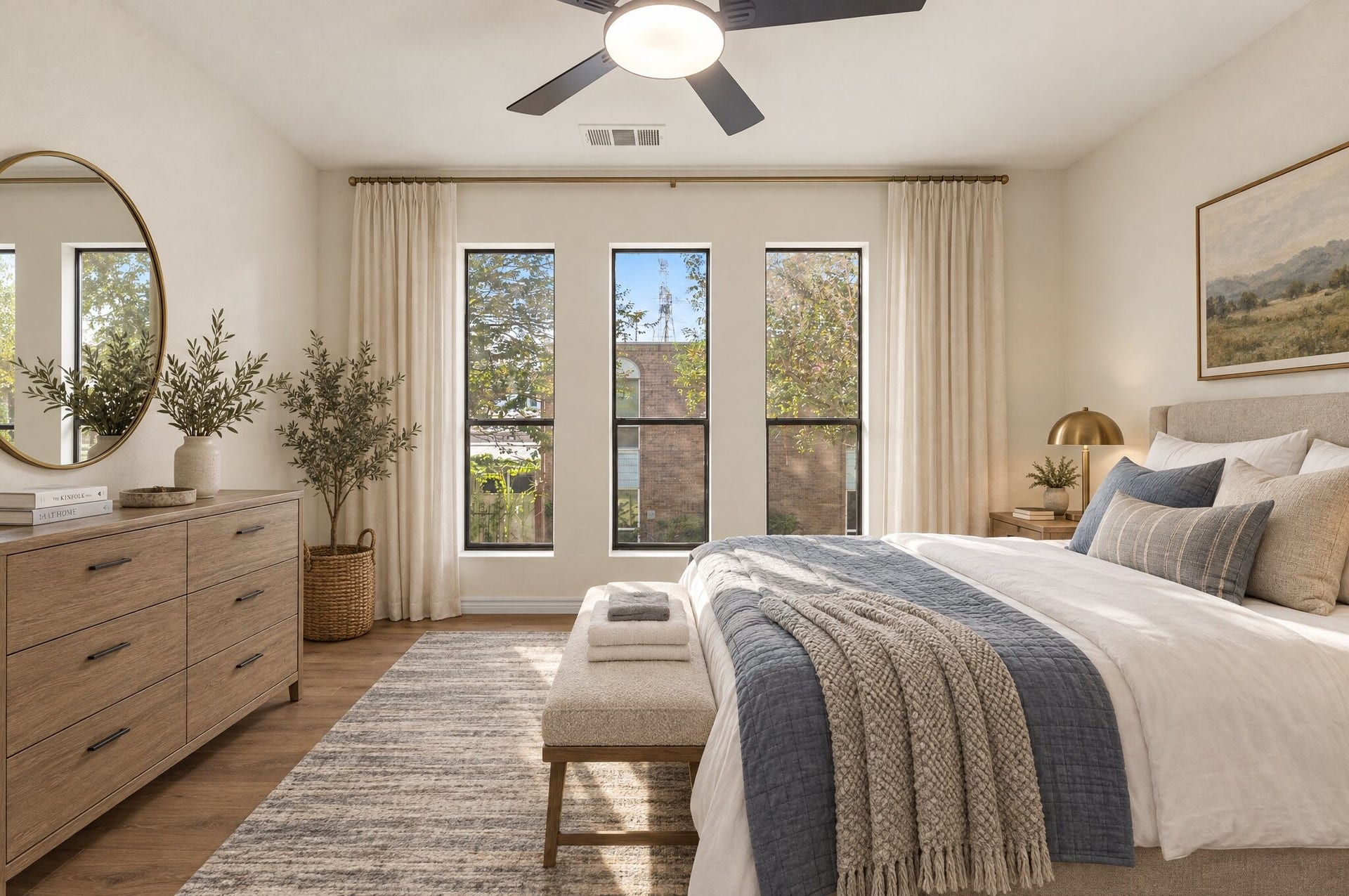 Upstiars, your bright and spacious secondary bedroom features three tall windows that fill the room with beautiful natural light, wood-look flooring, neutral walls, and a contemporary ceiling fan. This space has been virtually staged using AI.