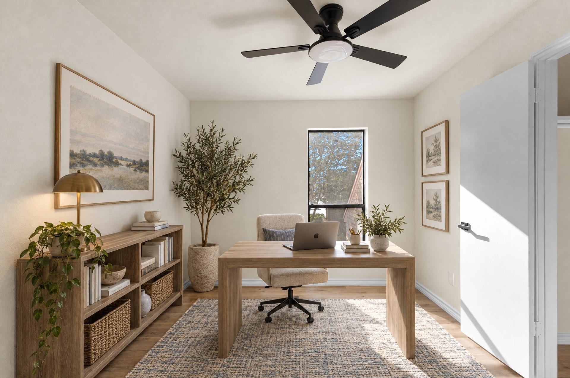 Virtually staged as an office, your third bedroom offers warm wood-look flooring, neutral walls, a large window providing natural light, and a modern ceiling fan with integrated lighting. This space has been virtually staged using AI.