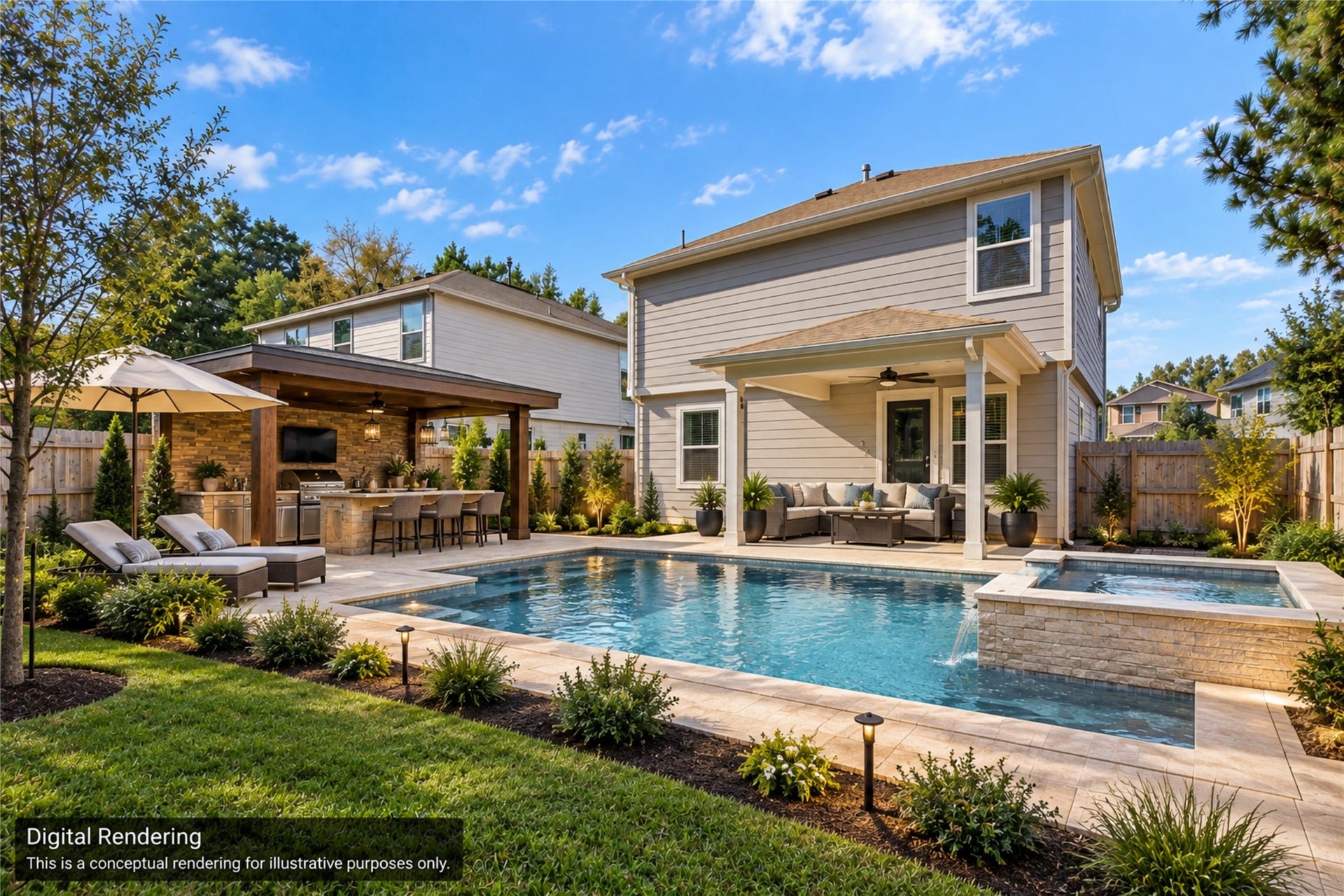 9453 Castillo Court, Magnolia, TX 77354 Digital Rendering*** Imagine your own backyard oasis with a custom pool, relaxing hot tub, covered outdoor kitchen, and plenty of space to entertain!