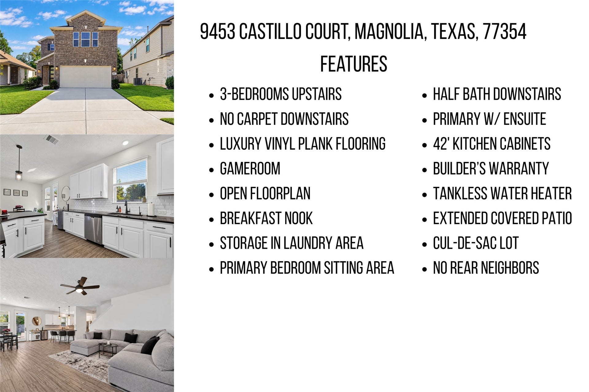 9453 Castillo Court, Magnolia, TX 77354 Discover what makes 9453 Castillo Court special! Featuring an open-concept layout, spacious upstairs game room, primary suite with sitting area, extended covered patio, and no rear neighbors, this home blends comfort, style, and functionality.