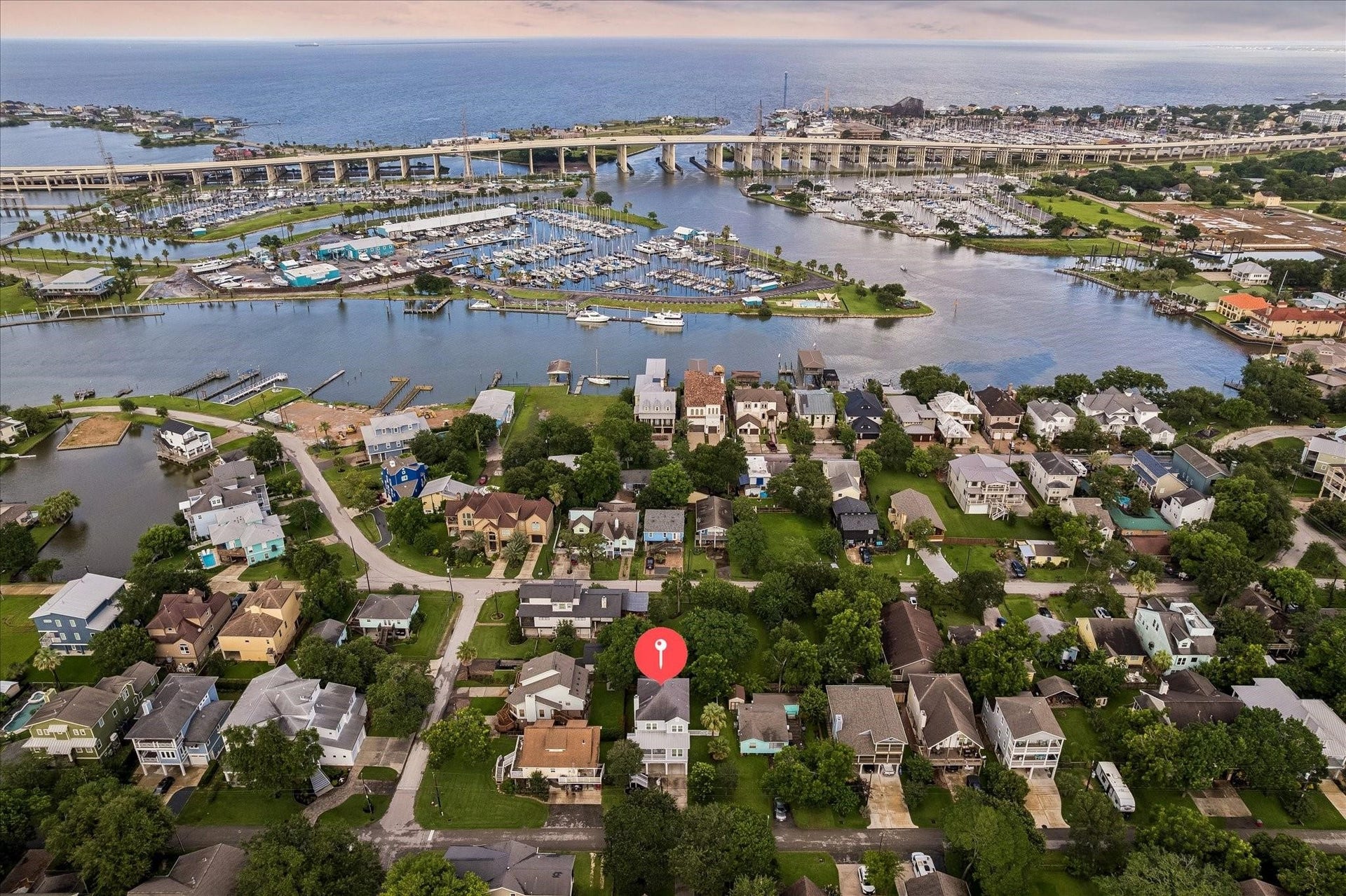 209 Queen Road, Clear Lake Shores, TX 77565 Aerial view showcasing the homes proximity to Galveston Bay and easy access to HWY 146