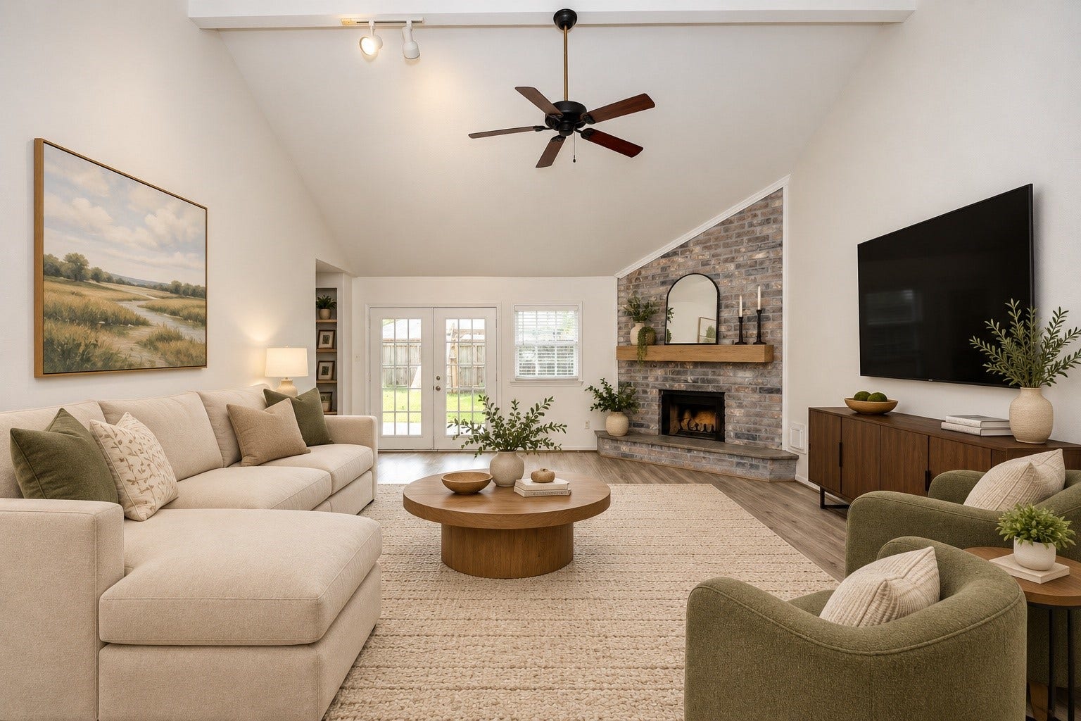 1011 Comstock Springs Drive, Katy, TX 77450 High ceilings and a corner fireplace. (Virtually staged)