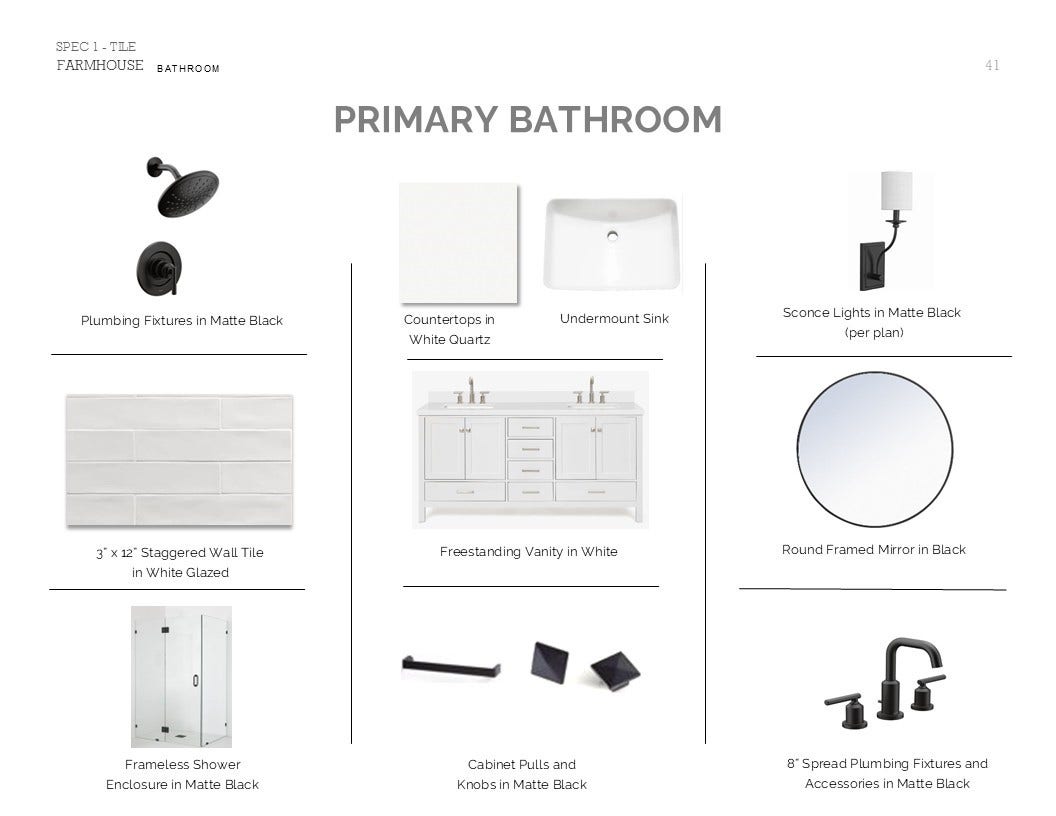 4508 Leon Meadow Lane, Houston, TX 77048 Farmhouse Look Palette 6: Primary Bathroom Selection Sheet (*Artist rendering used for illustration purposes only.)
