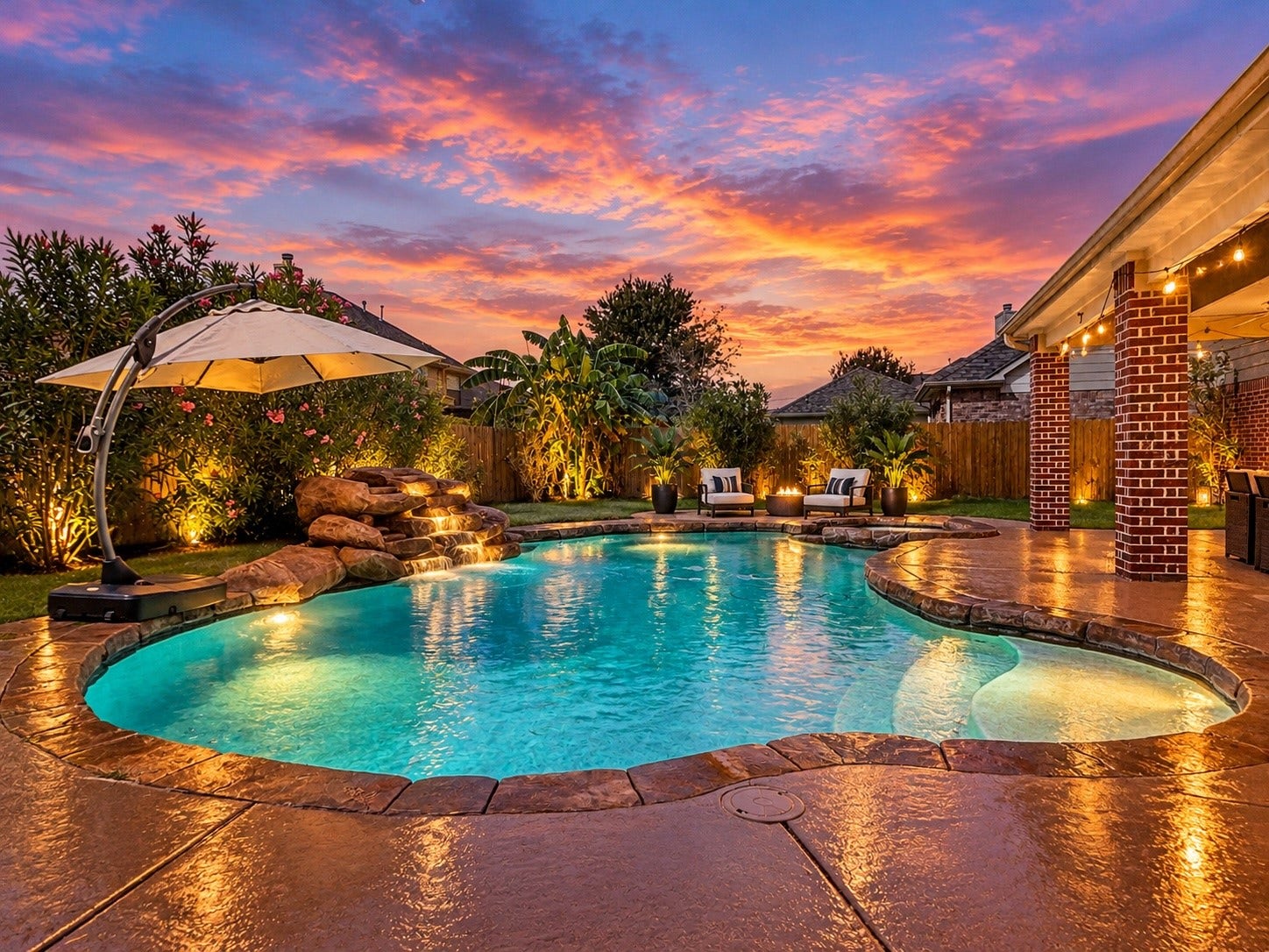 2602 Falcon Knoll Lane, Katy, TX 77494 Private backyard retreat featuring a sparkling pool, relaxing spa, and an extended patio designed for outdoor enjoyment. VS