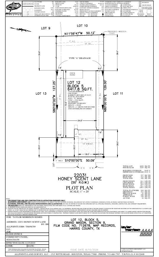 22031 Honey Scent Lane, Cypress, TX 77433 22031 Honey Scent Lane Preliminary Plot Plan
