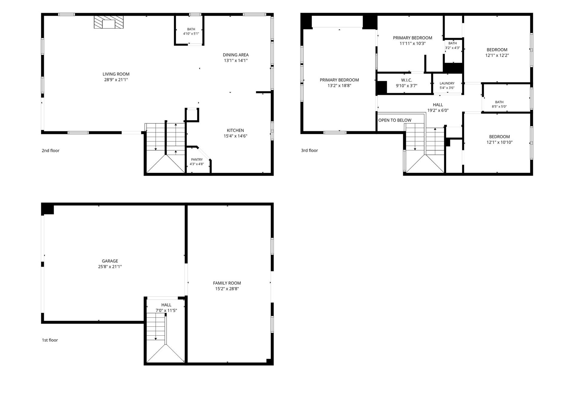 2607 Sailboat Drive, Houston, TX 77058 Spacious multi-level home featuring a large living room, dining area, and kitchen on the second floor. The third floor boasts a primary bedroom with a walk-in closet, two additional bedrooms, and convenient laundry space. The first floor includes a generous garage and a family room.