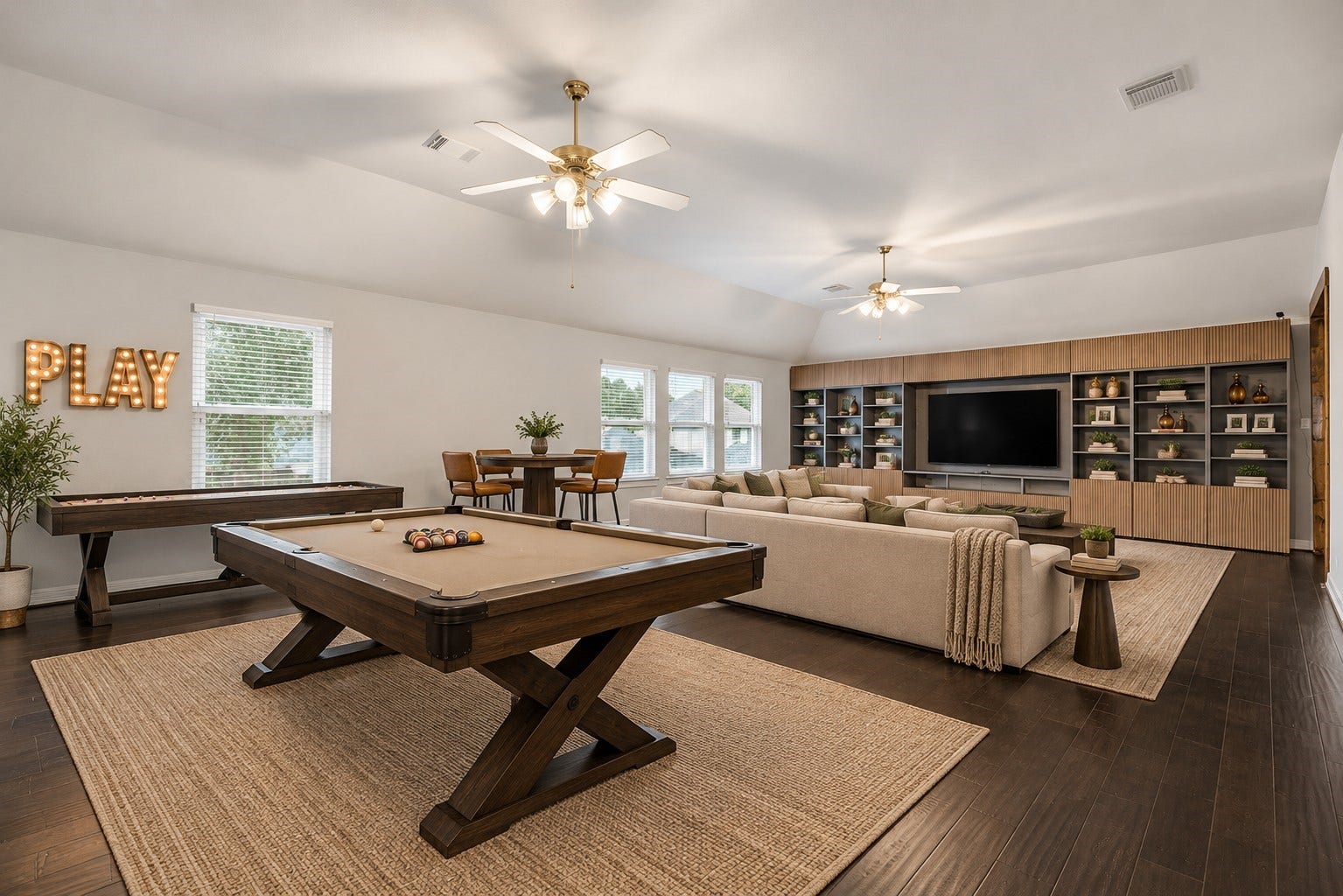 Virtually staged game room.