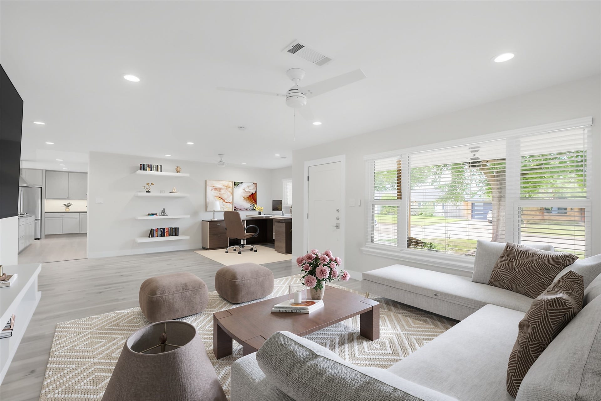1710 Willowby Drive, Houston, TX 77008 *Virtually Staged - Open concept living space as you enter the front door. Floating shelves and flex space currently used as home office.