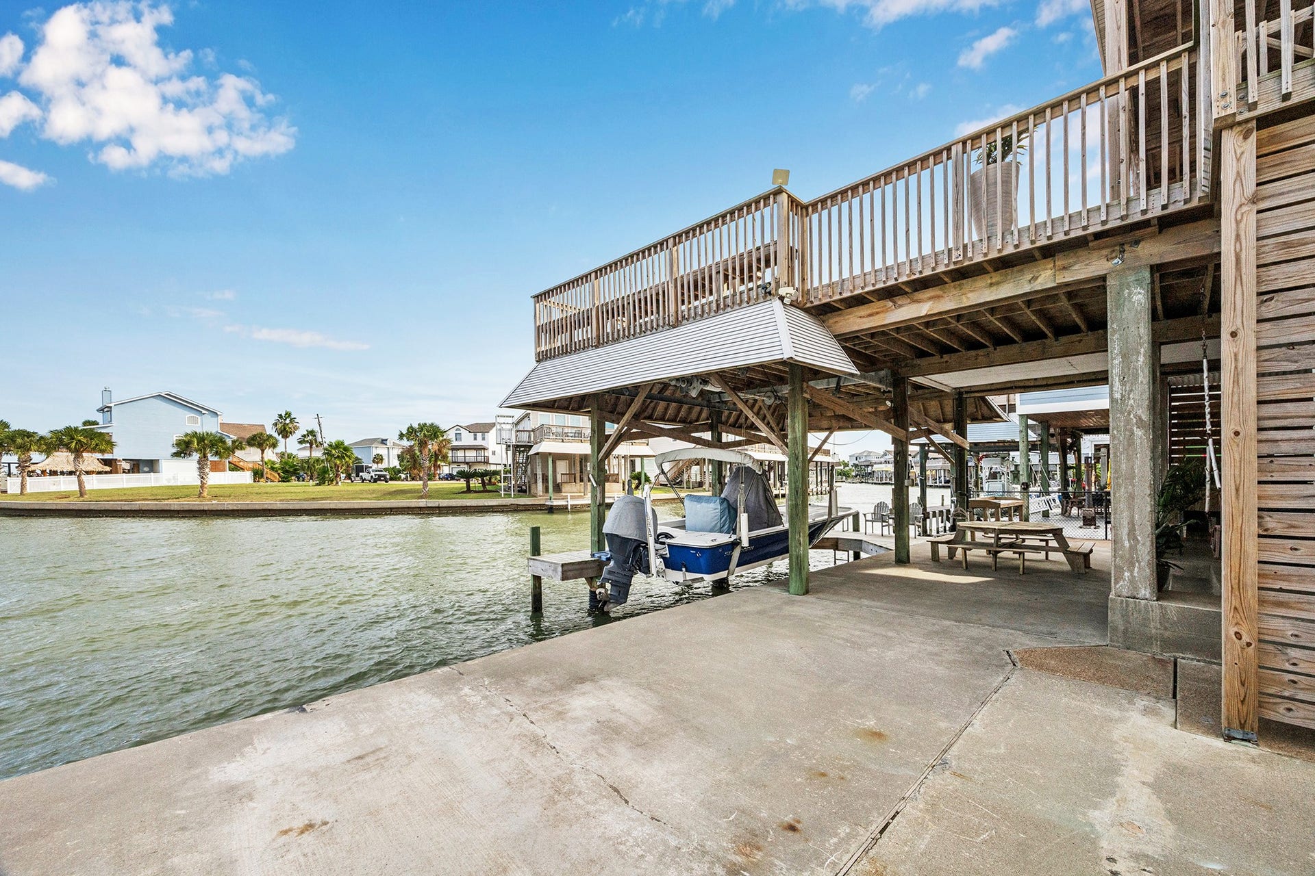 1814 Tiki Drive, Tiki Island, TX 77554 Discover your dream waterfront retreat with this charming boathouse, offering direct access to serene waters and a perfect blend of relaxation and adventure.