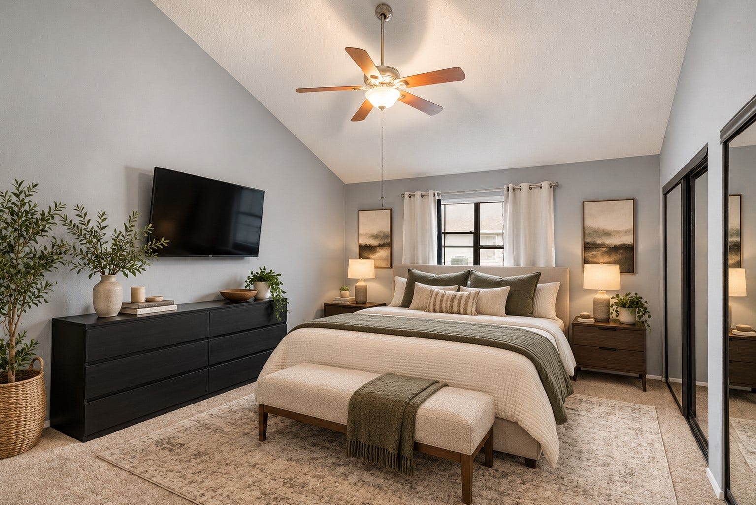 3200 S Gessner Road, #336, Houston, TX 77063 Primary bedroom with mirrored closets and private bath. Virtually staged.