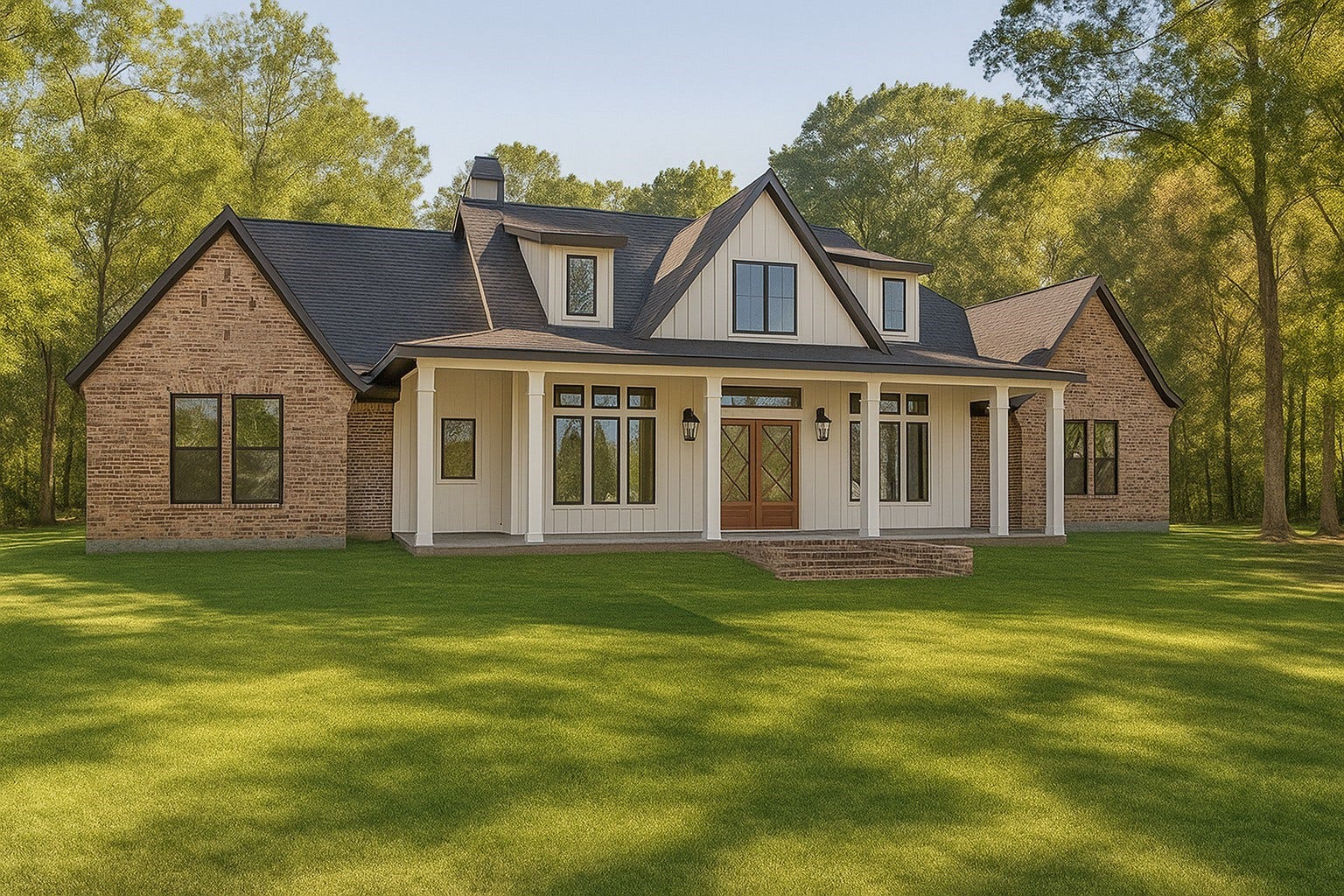1230 Road 6324, Dayton, TX 77535 Imagine your custom dream home on this beautiful 3.43-acre homesite in White Oak Trails, Dayton, TX. This AI rendering showcases one of the many possibilities for building your own luxury country home surrounded by mature trees and peaceful acreage.
