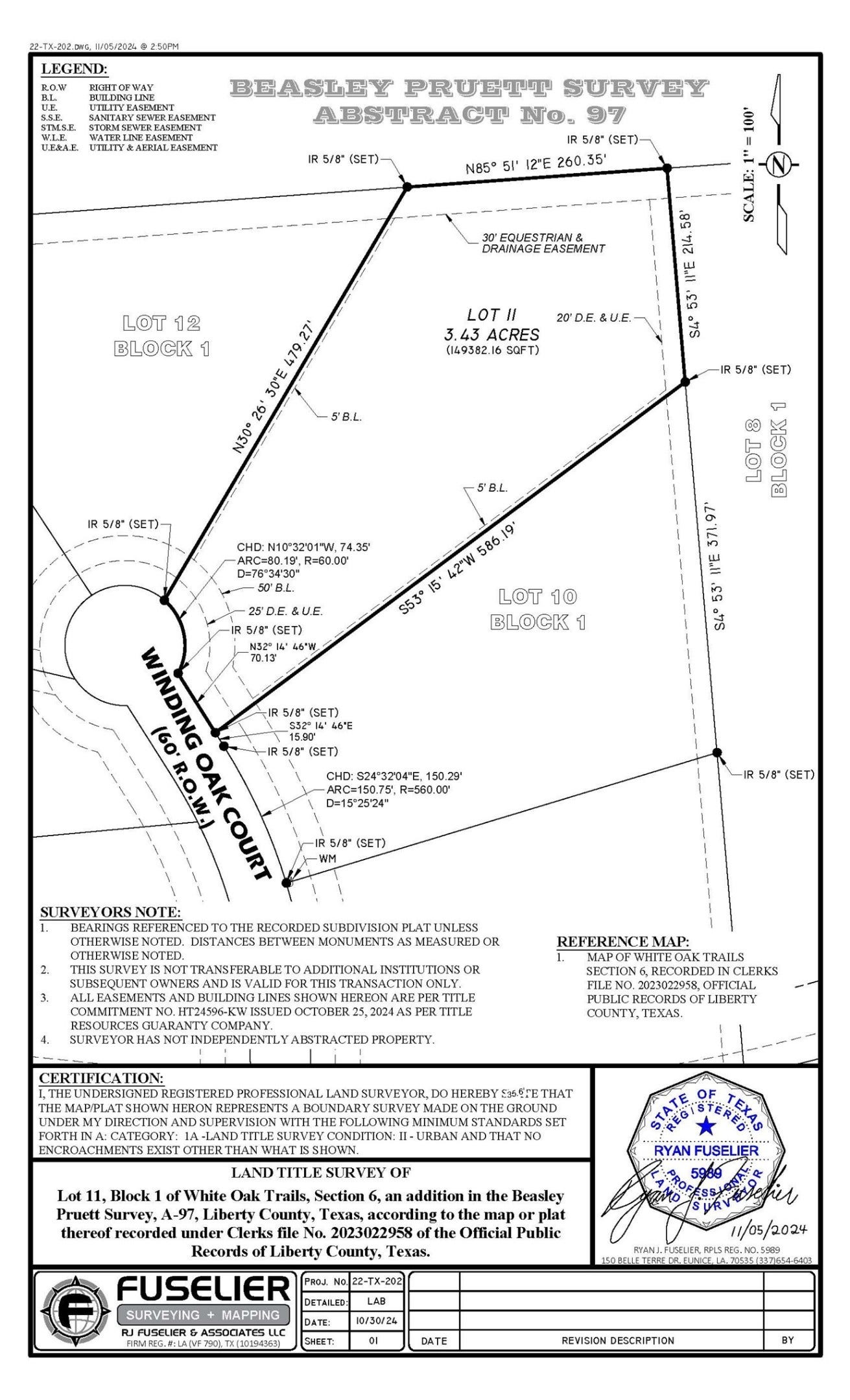 1230 Road 6324, Dayton, TX 77535 This is a survey map for Lot 11, Block 1 in the Beasley Pruett Survey, Abstract No. 97, located in Liberty County, Texas. The lot is 3.43 acres with designated easements for equestrian and drainage. The document includes detailed boundary measurements and surveyor certification.