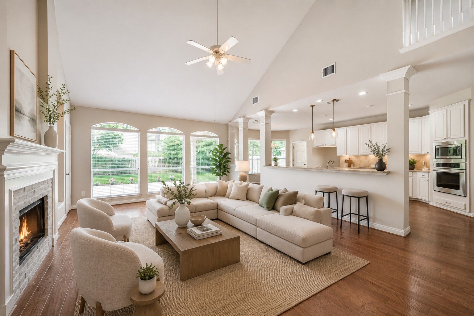 12614 Brazos Bend Trail, Humble, TX 77346 Living Room is spacious with vaulted ceiling, lots of natural light, engineered hardwoods throughout and open concept. virtually staged